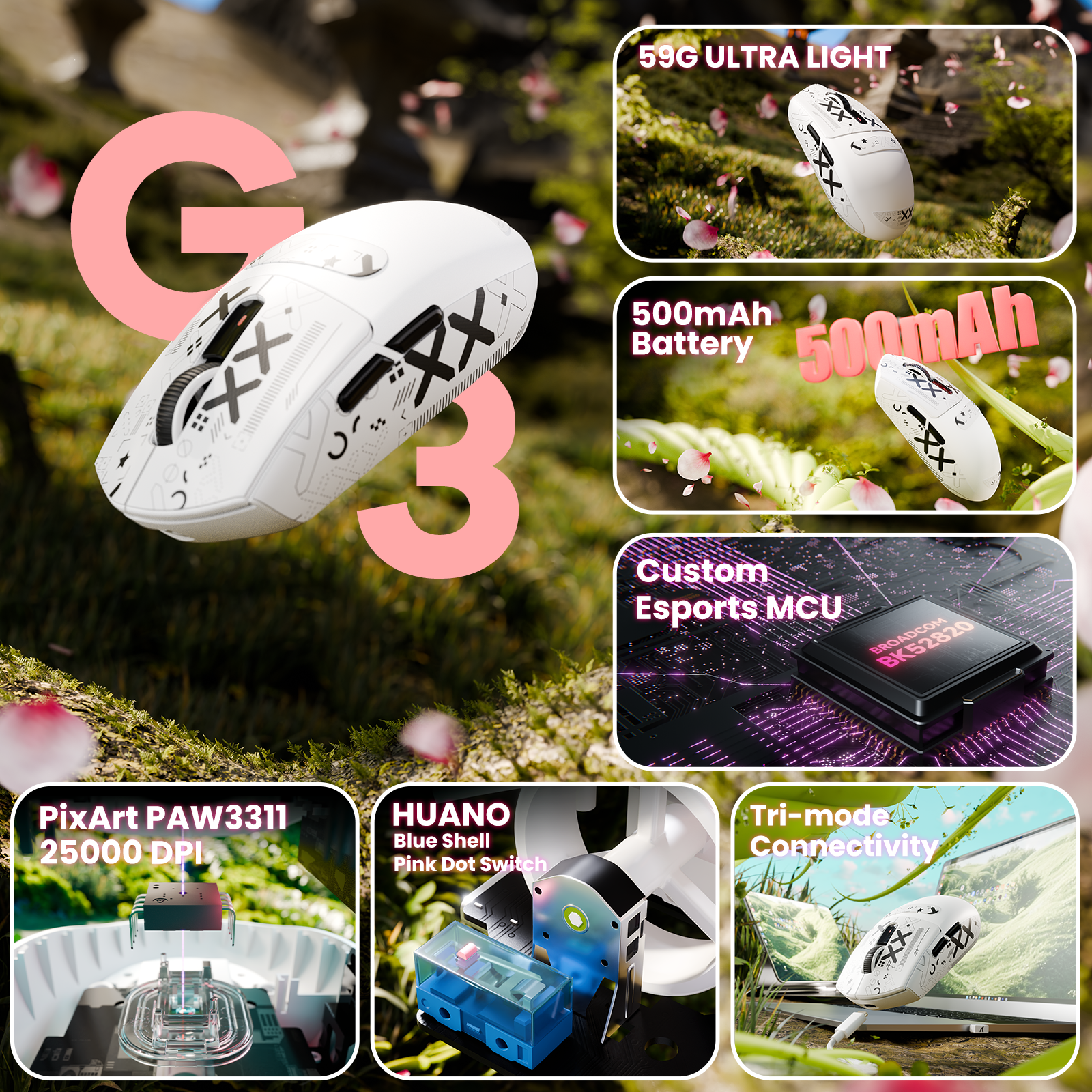 ATTACK SHARK G3 Ratón inalámbrico para juegos trimodo 25000 DPI Ultraligero