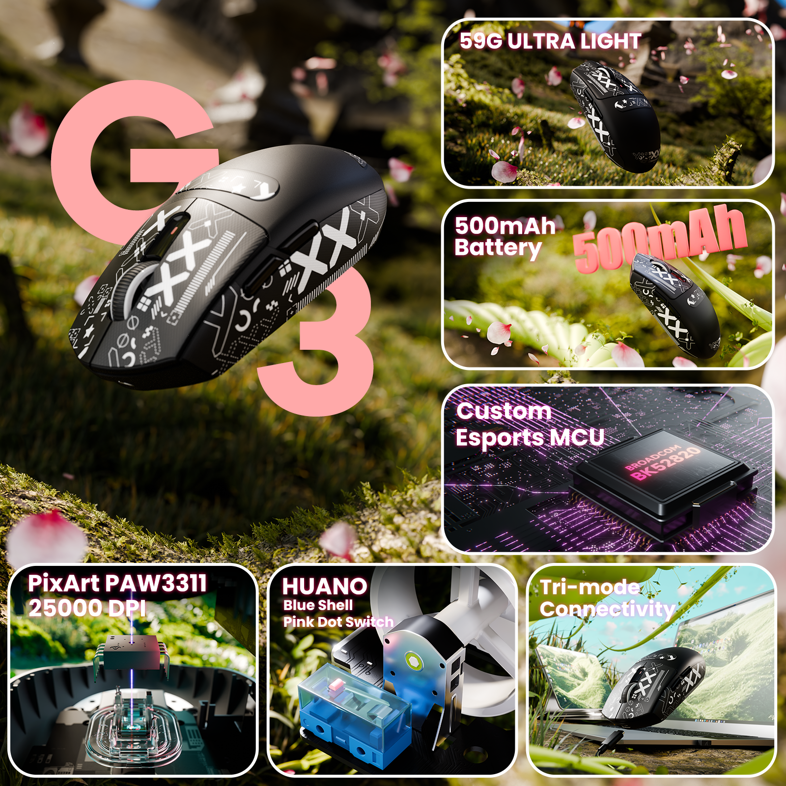 ATTACK SHARK G3 Ratón inalámbrico para juegos trimodo 25000 DPI Ultraligero