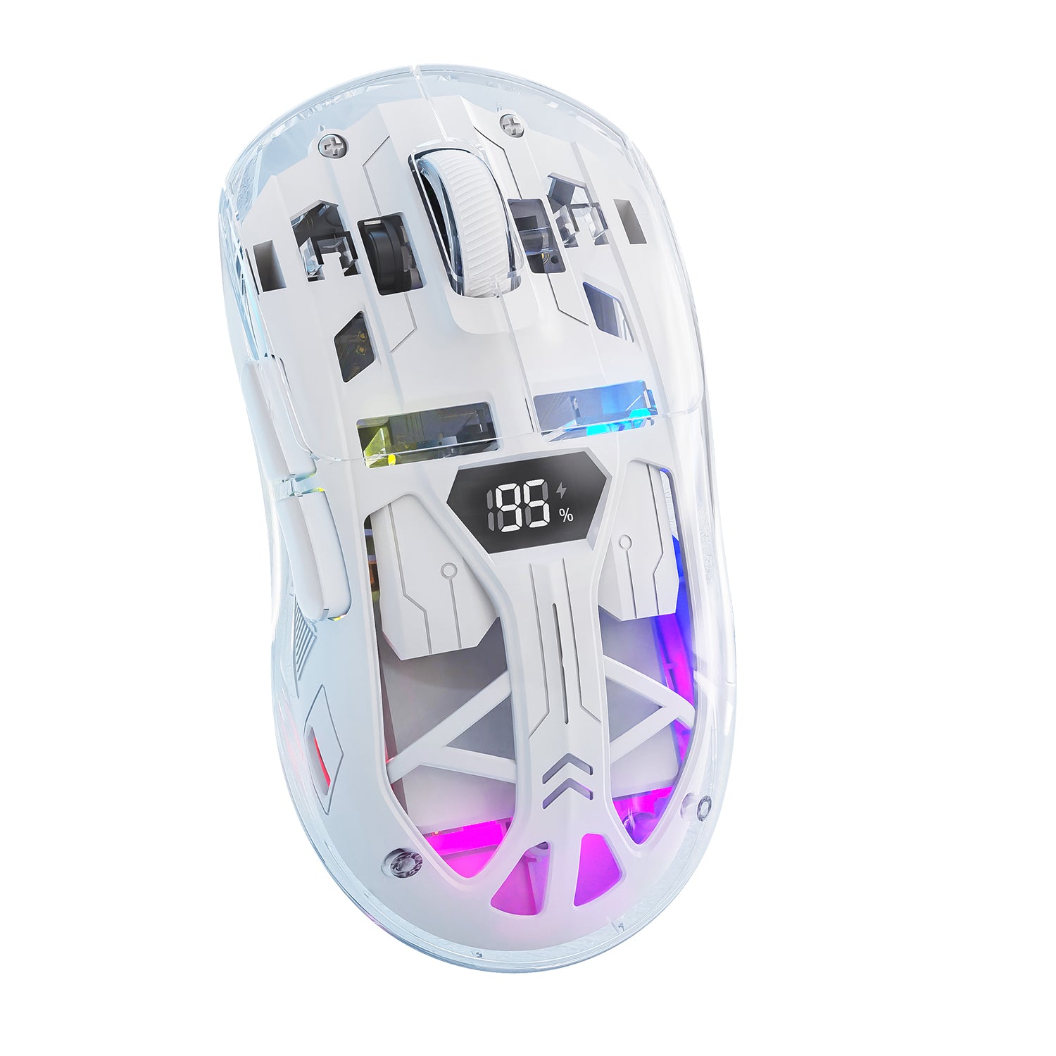 Transparent RGB wireless gaming mouse with battery level display