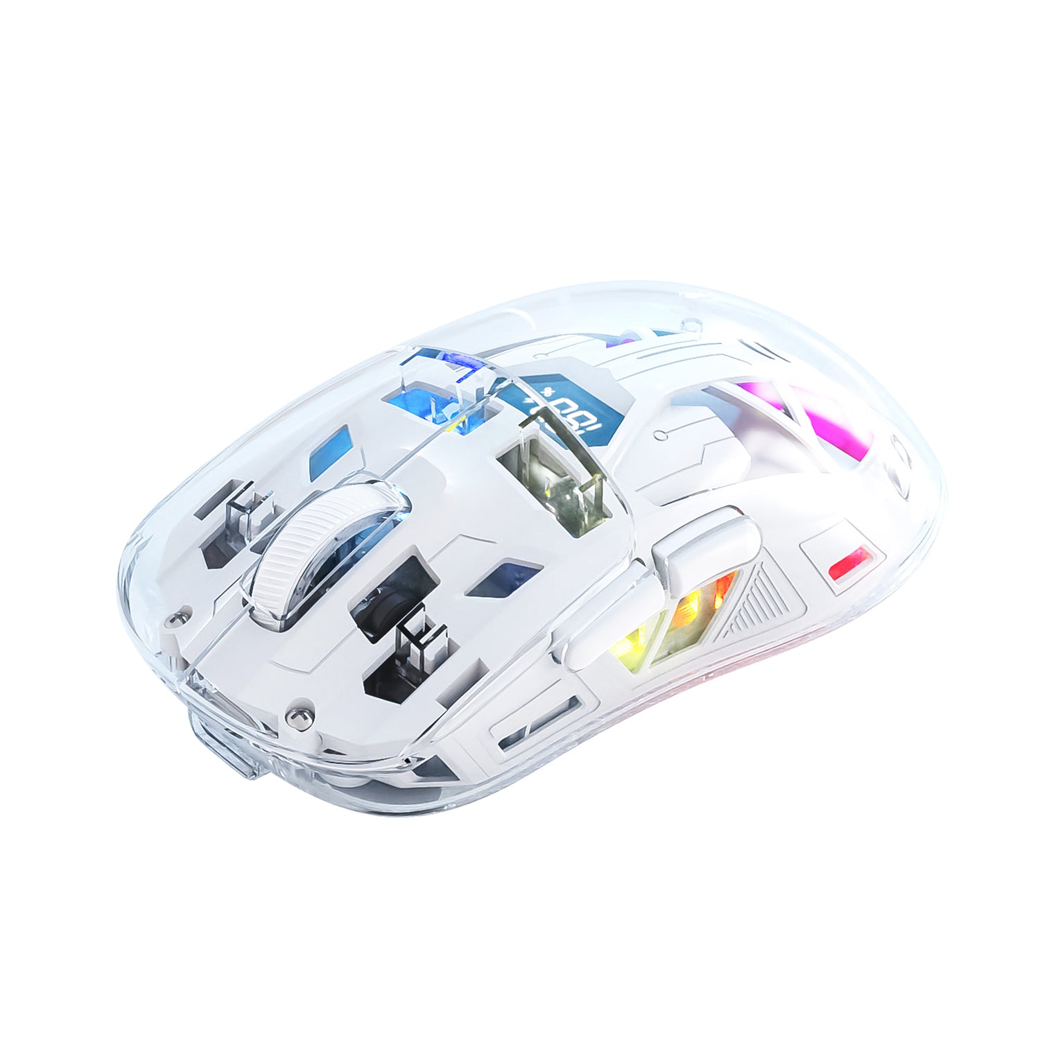 Gaming mouse with transparent shell and colorful RGB lights, showing battery status.