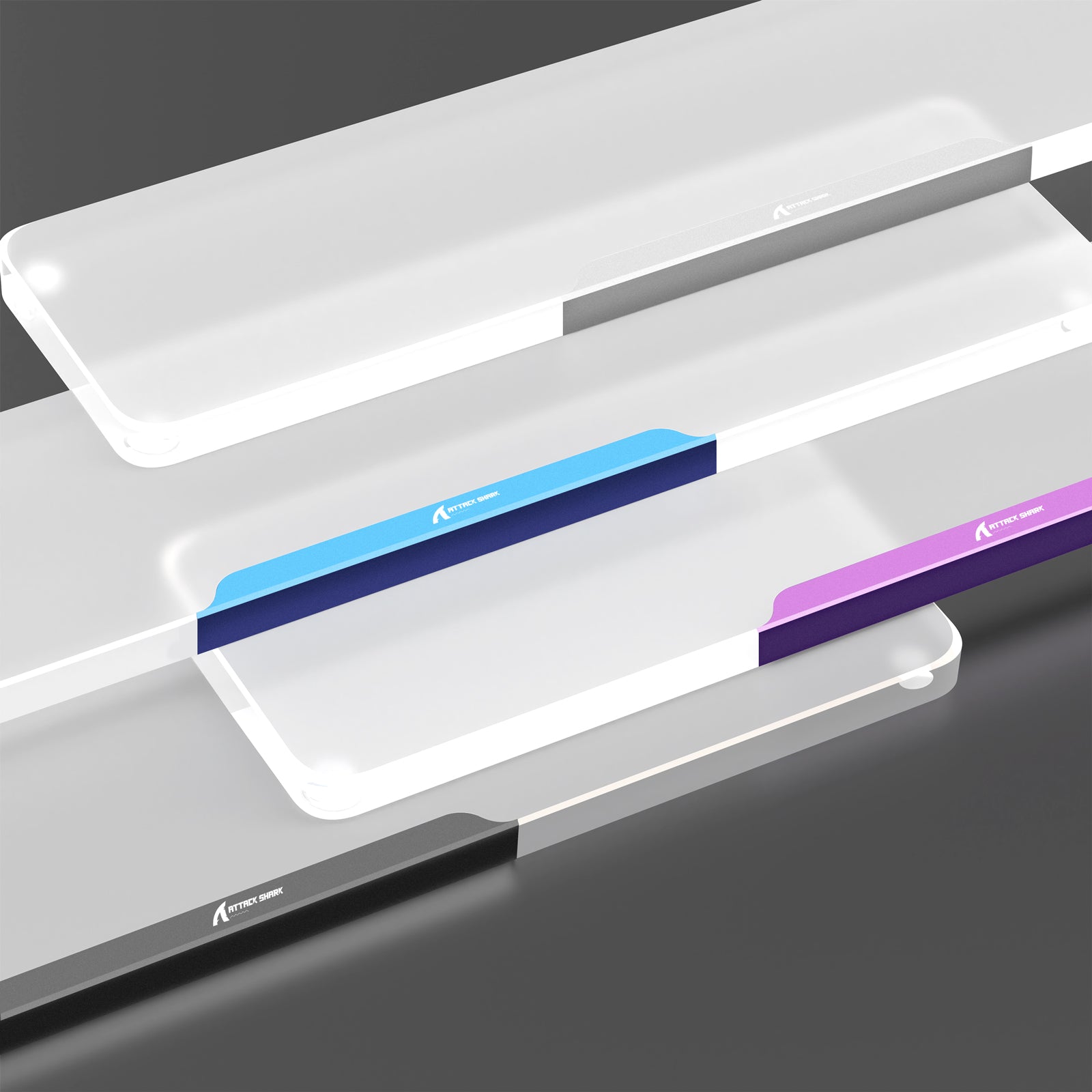 Translucent acrylic wrist rests in gray, blue, and purple with aluminum edges.