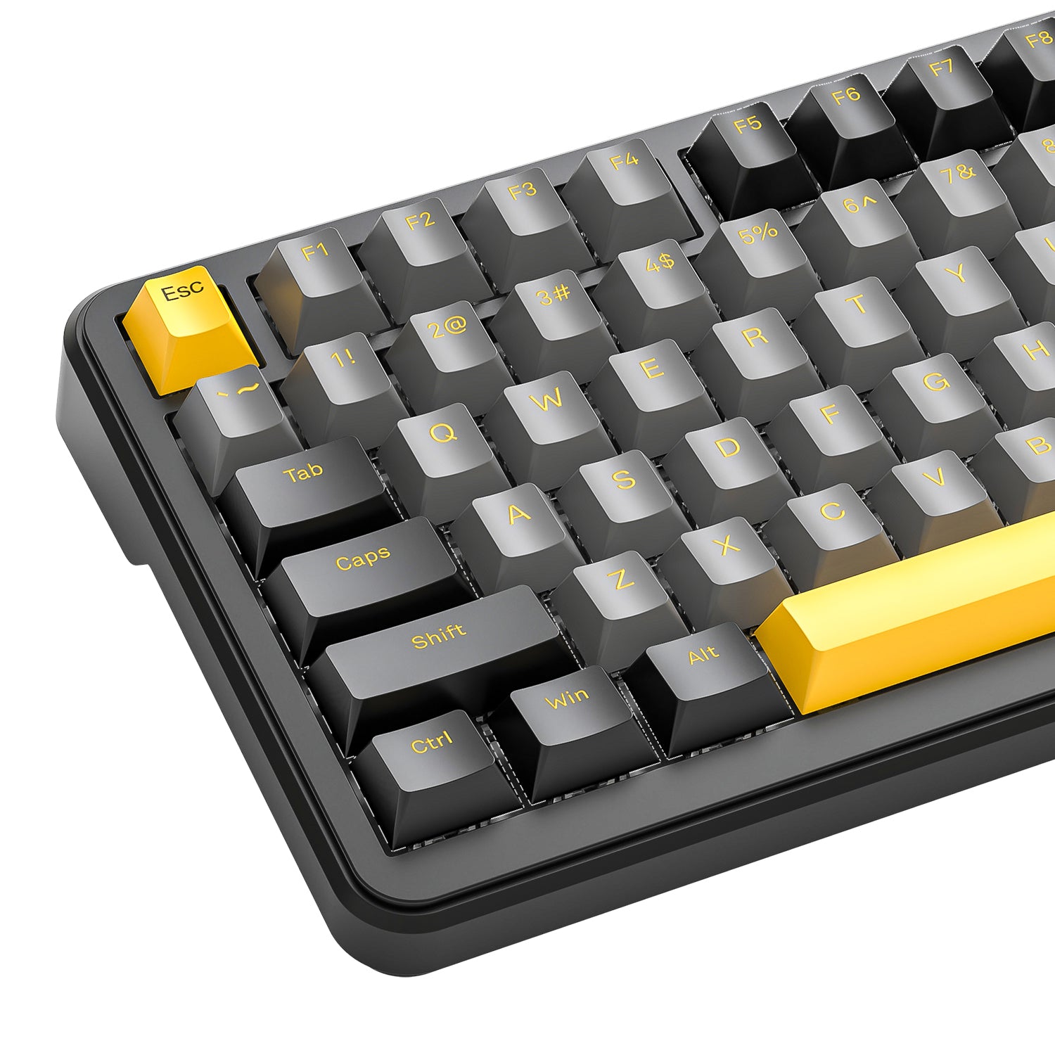 Close-up view of ATTACK SHARK X85PRO keyboard featuring yellow-gay keycaps.