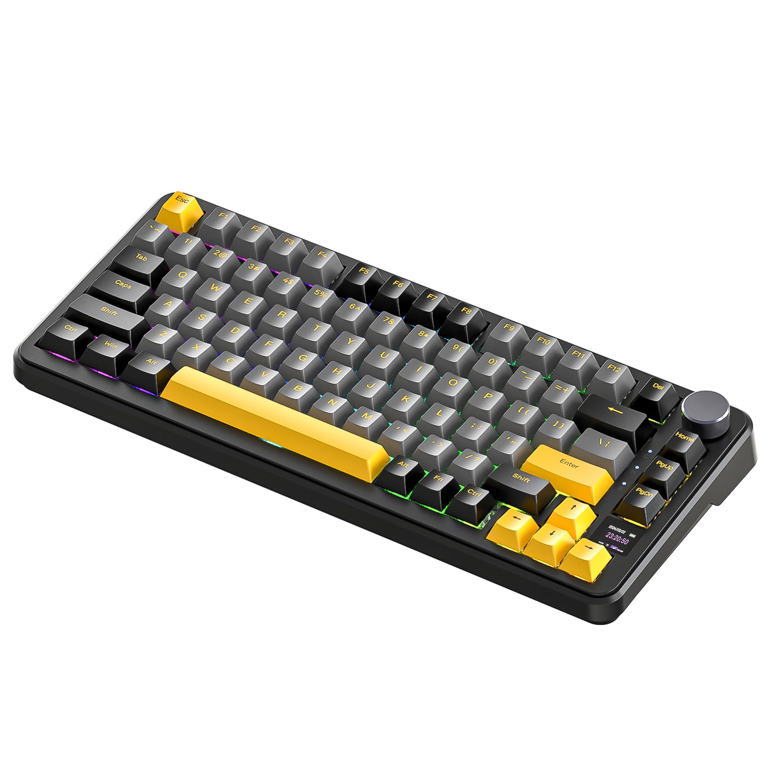 Attack Shark X85PRO keyboard showcasing yellow-gray keycaps and multi-function knob.