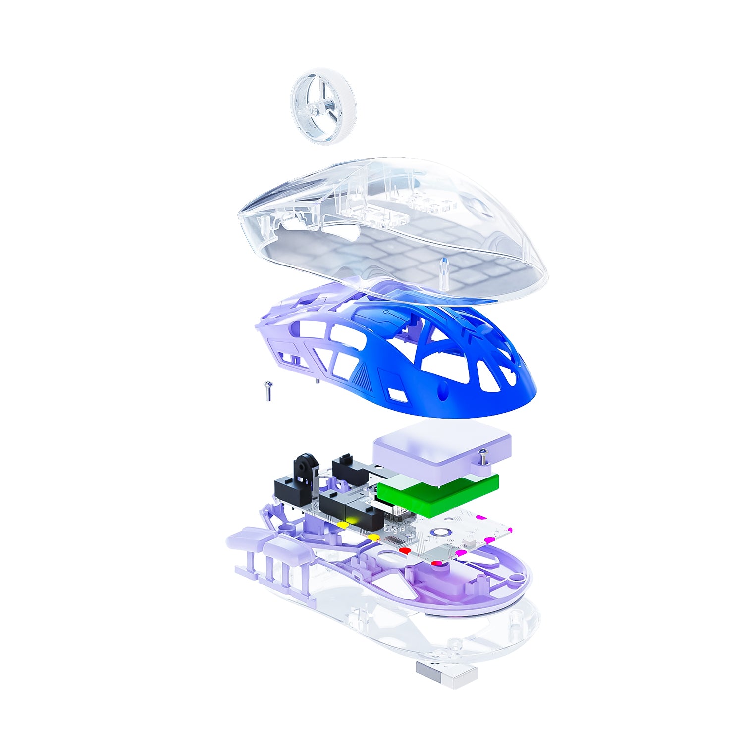 Exploded view of A2 transparent RGB gaming mouse highlighting internal components.