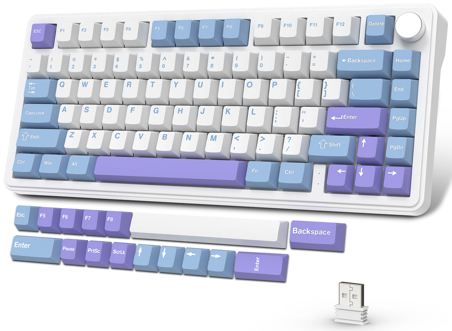 Attack Shark X85 keyboard with gradient blue and purple keycaps and USB dongle.