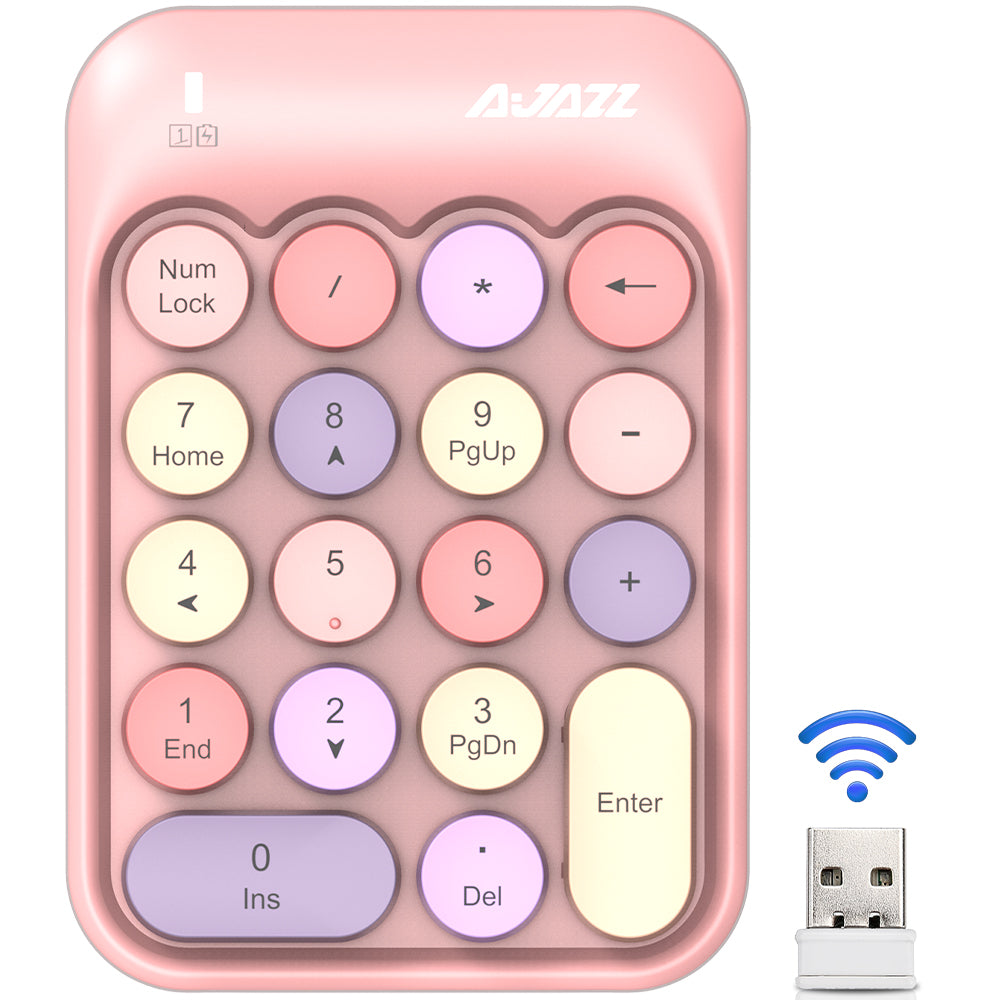 Pink AJAZZ AK18 wireless numeric keypad with rounded keys and USB receiver for connectivity.