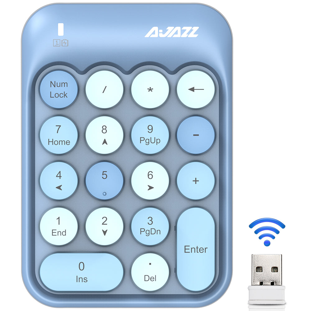 Light blue wireless numeric keypad with pastel keys and USB receiver for seamless connectivity.