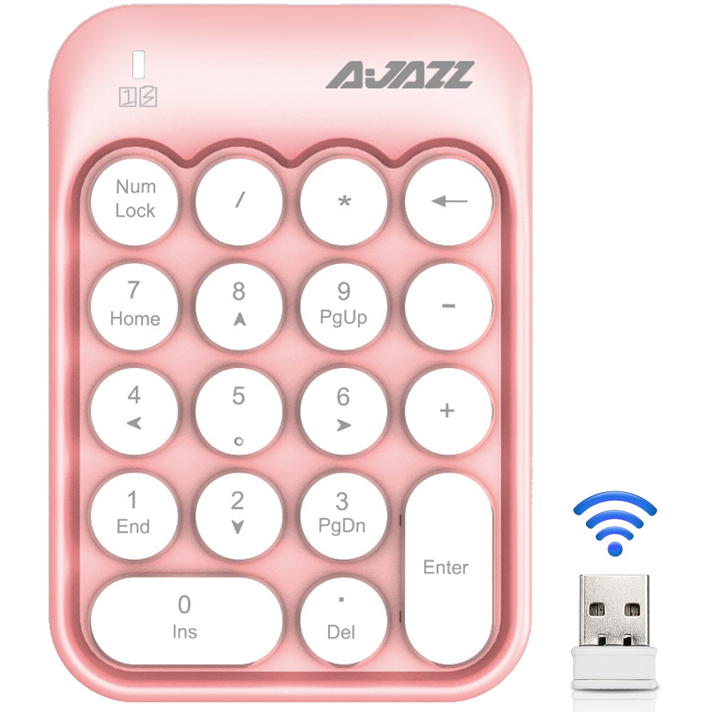 Pink wireless numeric keypad with rounded keycaps and USB receiver.