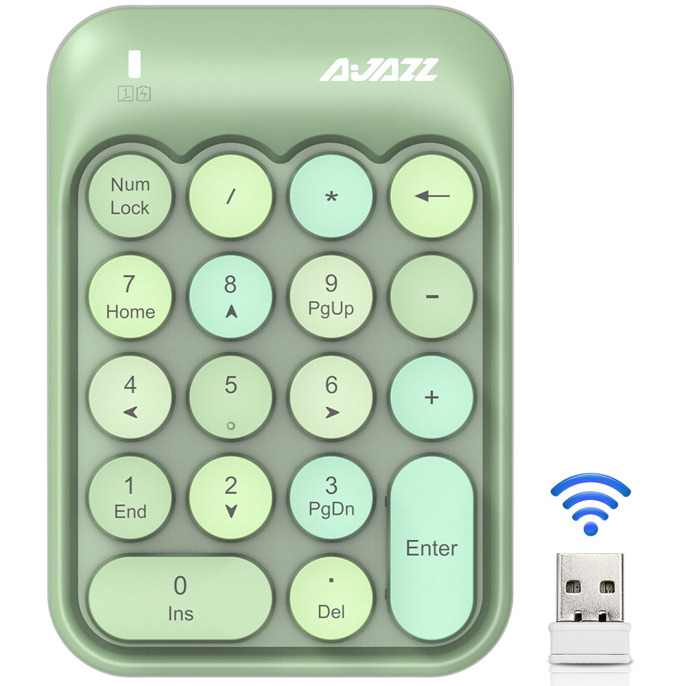 Green 18-key wireless numeric keypad with USB receiver and smooth keycaps.