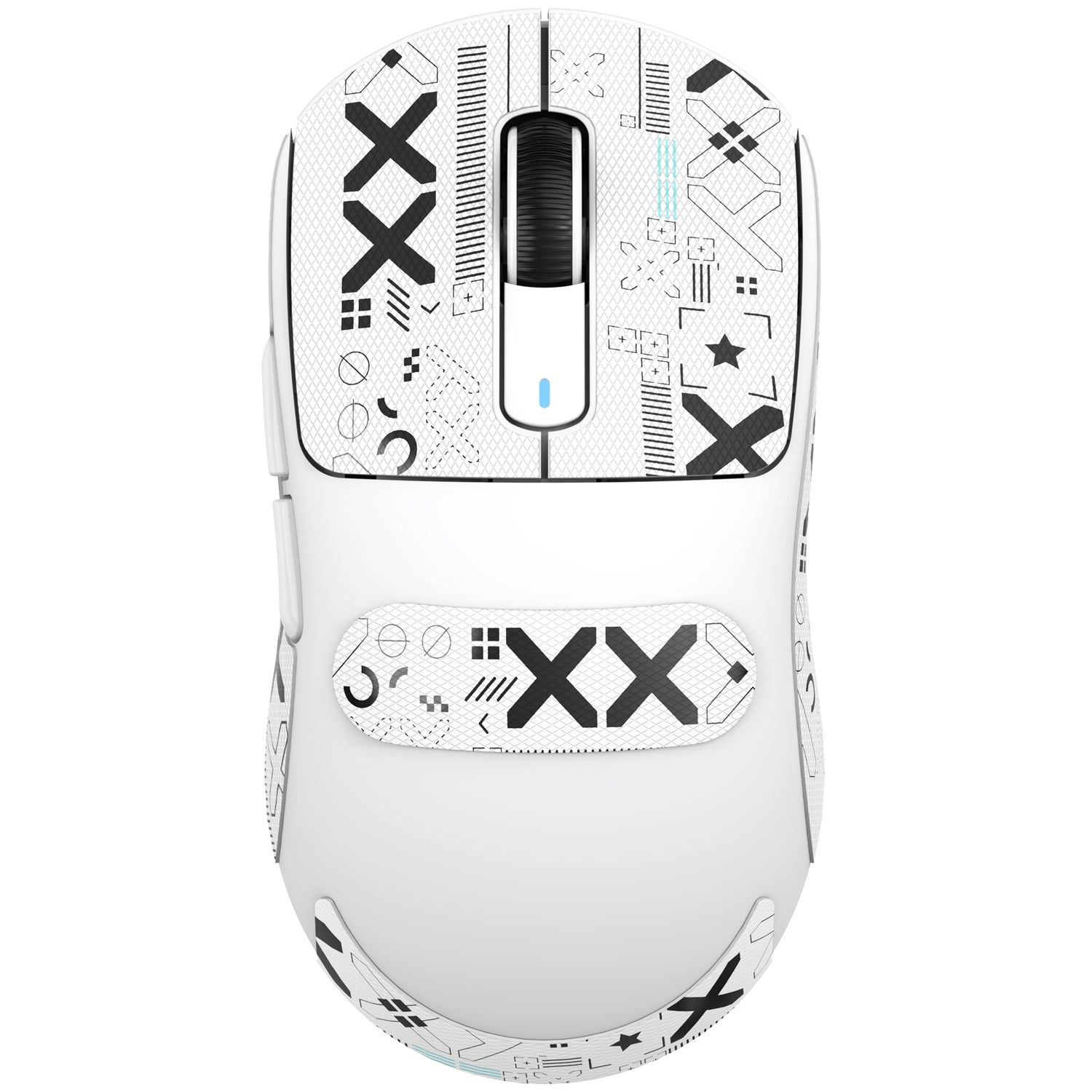 White gaming mouse with vibrant geometric grip tape for enhanced gaming control.