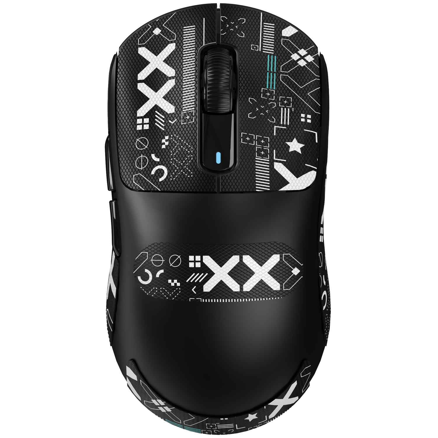 Black gaming mouse with abstract white geometric grip tape for enhanced control.