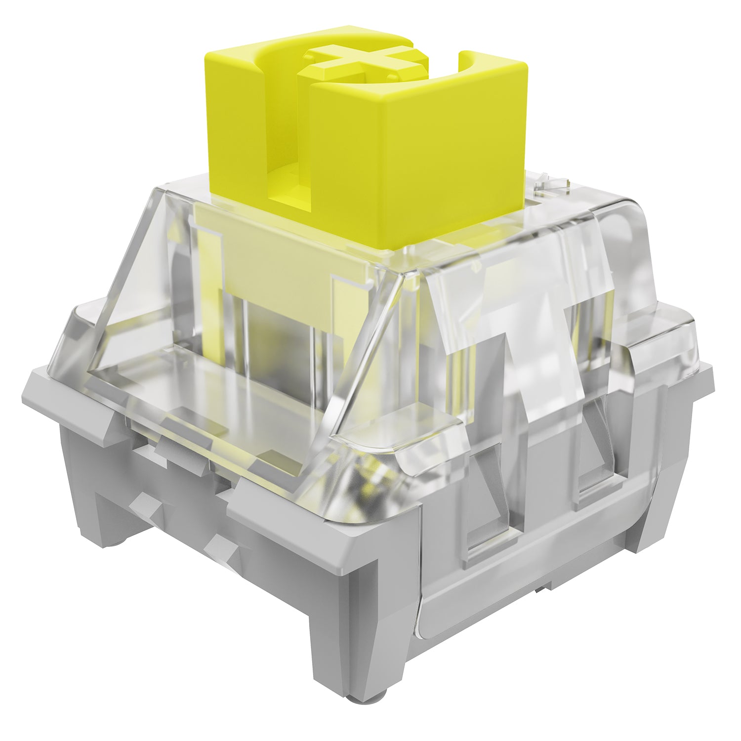 Yellow AS mechanical switch with transparent housing and MX structure for keyboard customization.