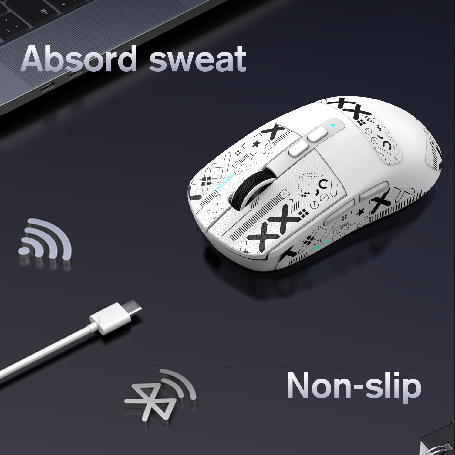 X6 wireless gaming mouse with non-slip grip tape for sweat absorption.