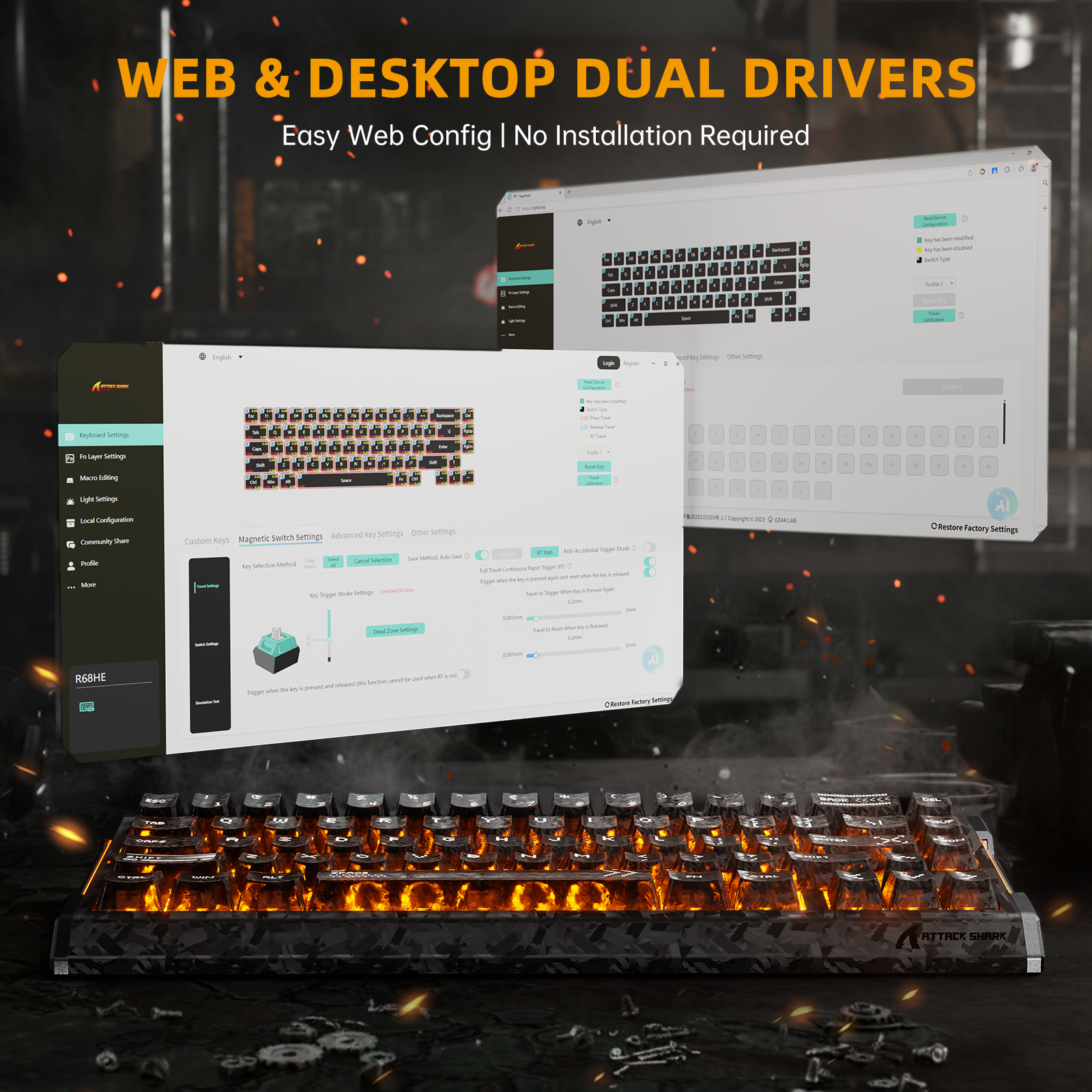 ATTACK SHARK R68 HE carbon fiber gaming keyboard with web config dual drivers.