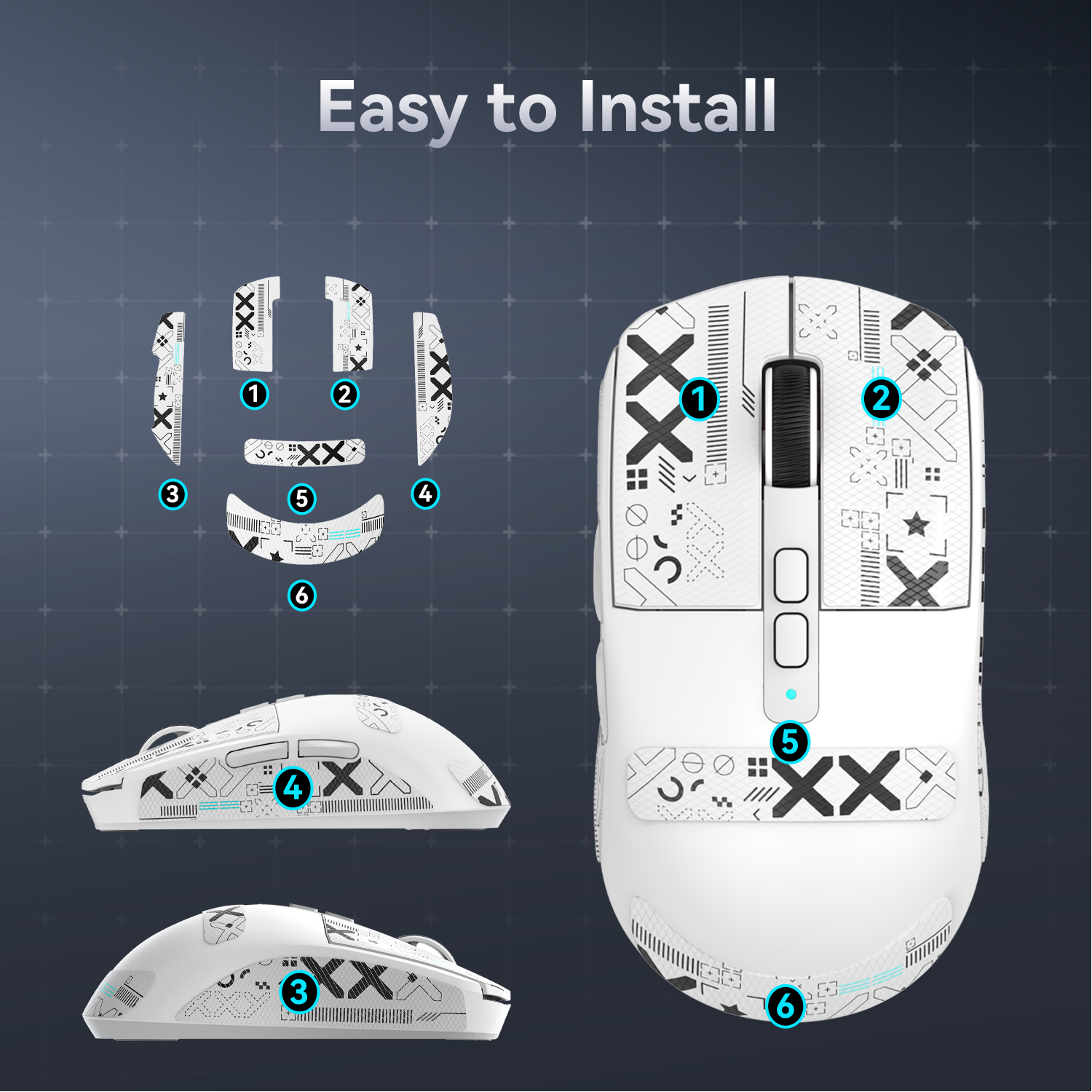 Installation guide for geometric grip tape on X6 gaming mouse with labeled steps.