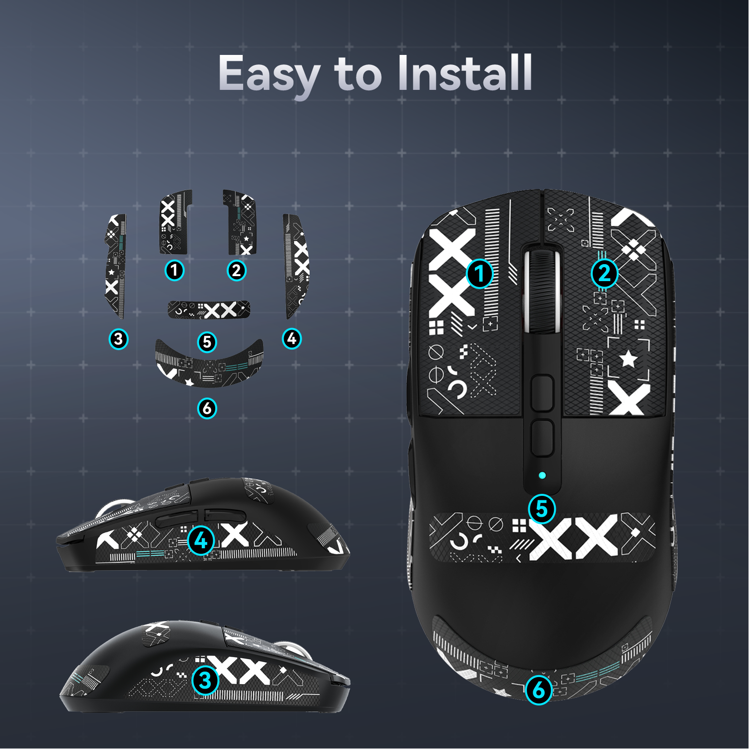 Instructional graphic for X6 grip tape installation on gaming mice.