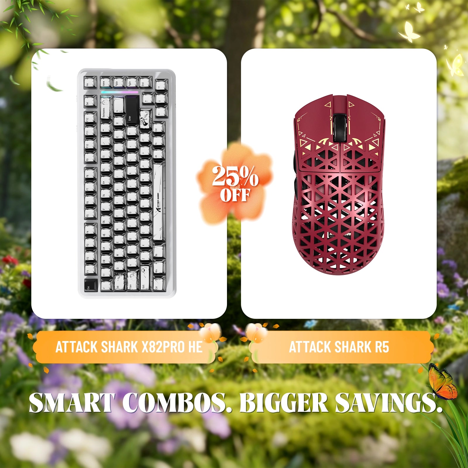 Paquete de teclado de disparo rápido ATTACK SHARK X82PRO HE + ratón inalámbrico para juegos de fibra de carbono R5