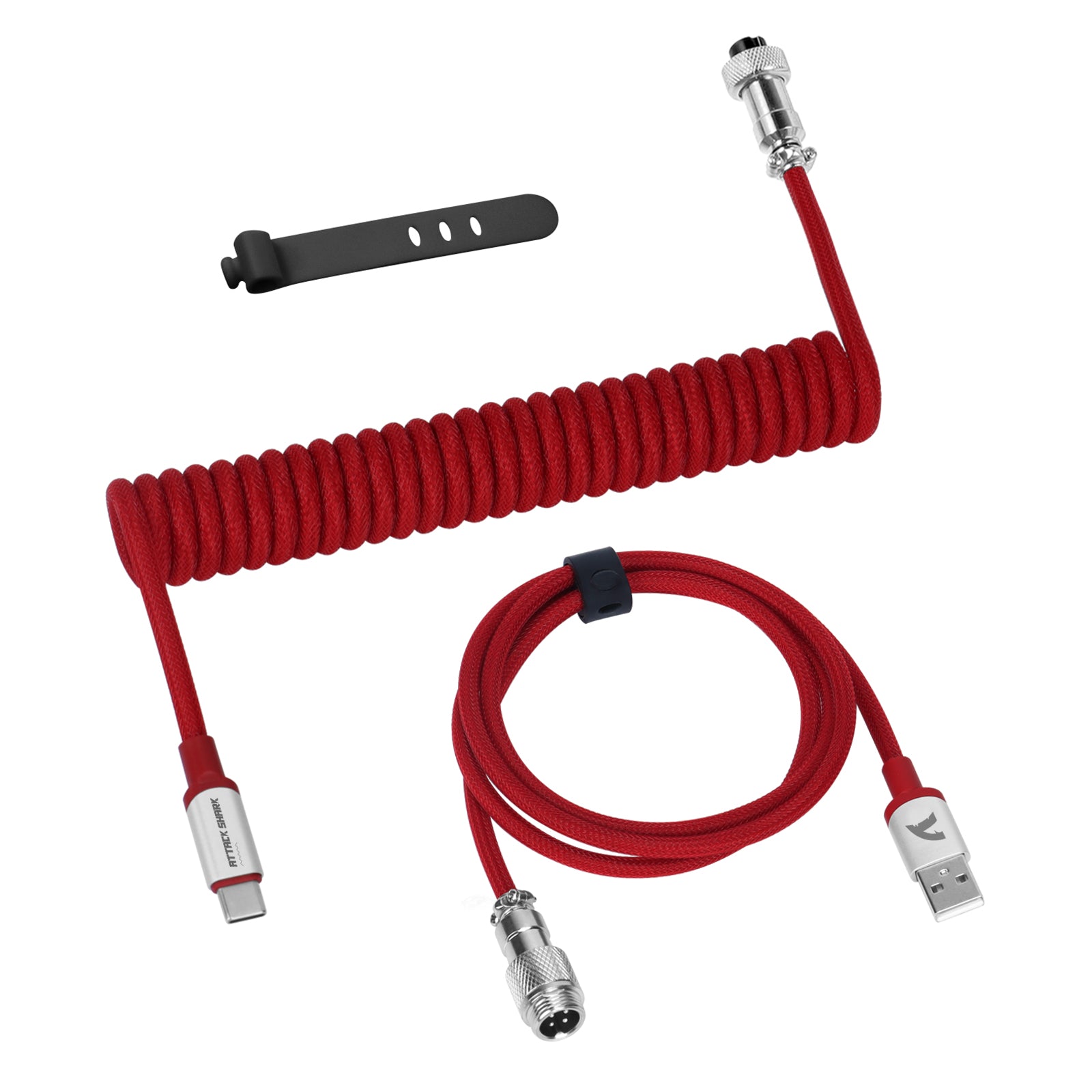 Red coiled USB-C keyboard cable with detachable straight cable and metal connectors.