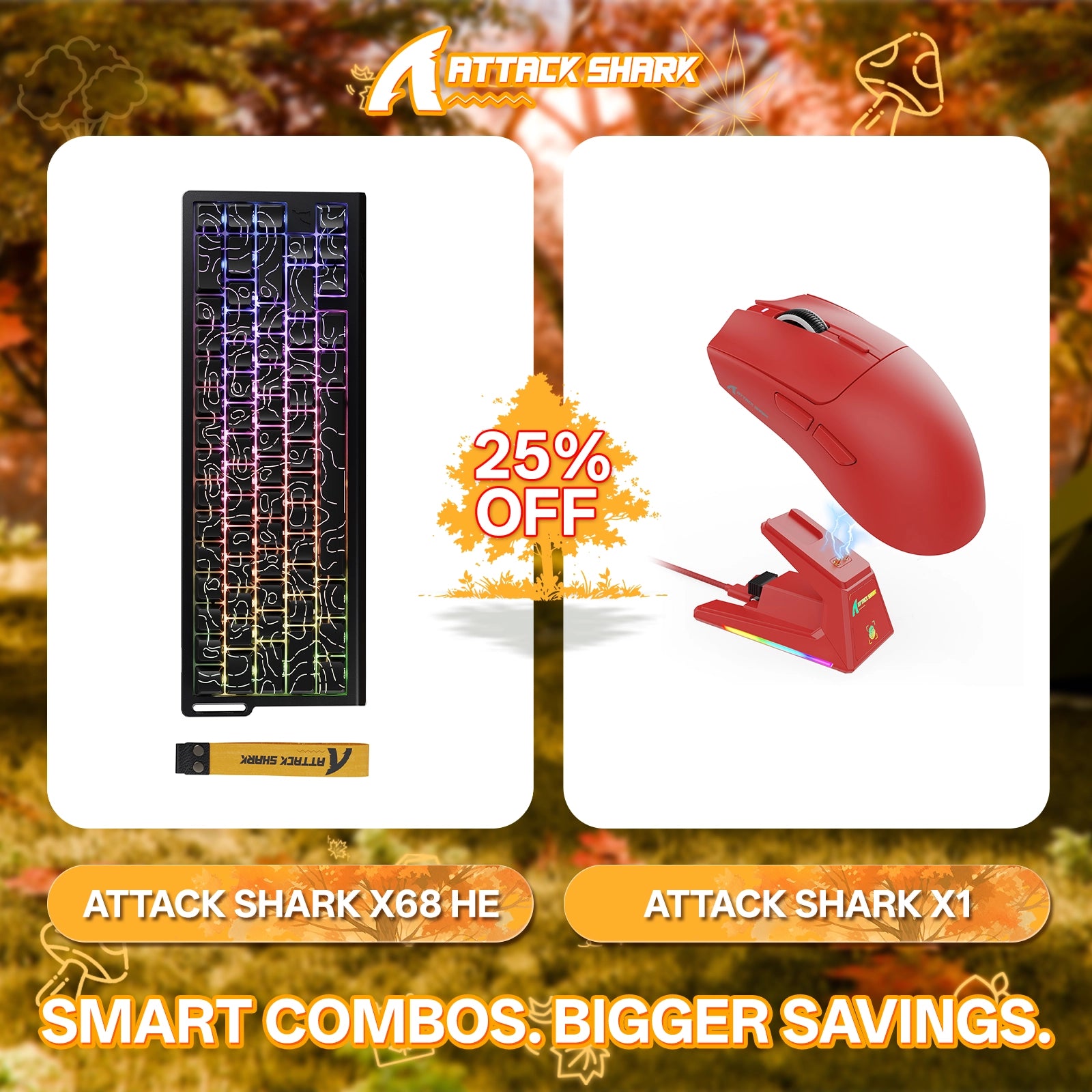 Paquete de teclado de disparo rápido ATTACK SHARK X68HE + ratón inalámbrico para juegos X1