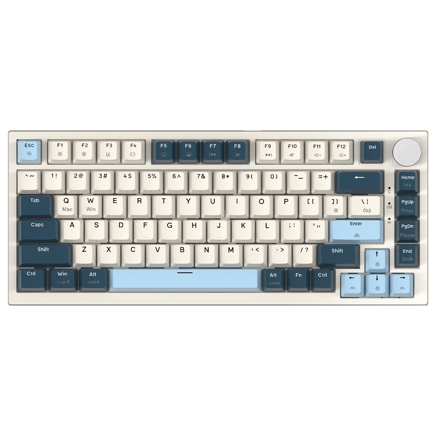 K85 keyboard top view highlighting unique light and dark blue keycaps on a compact layout.