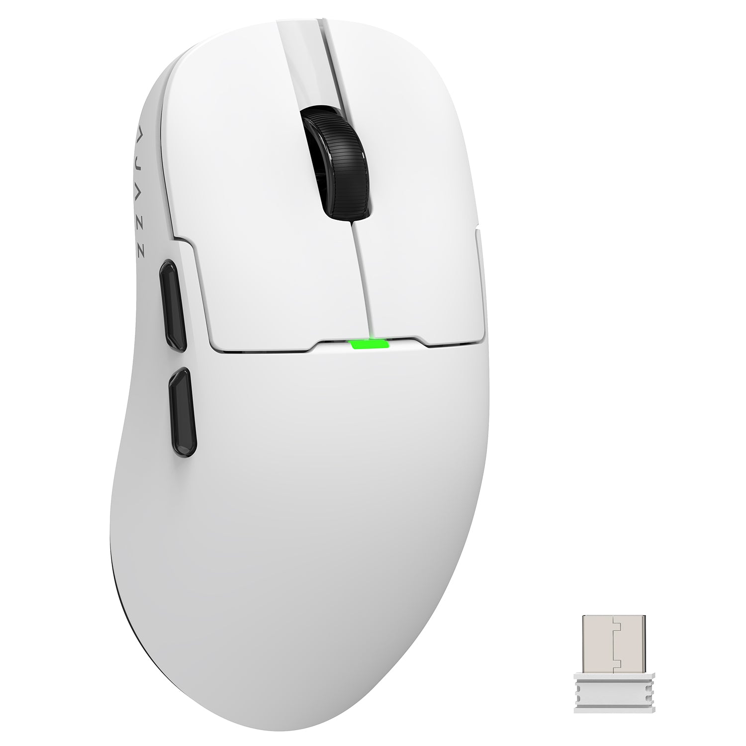 AJAZZ white gaming mouse with dual-mode connectivity and customizable buttons.