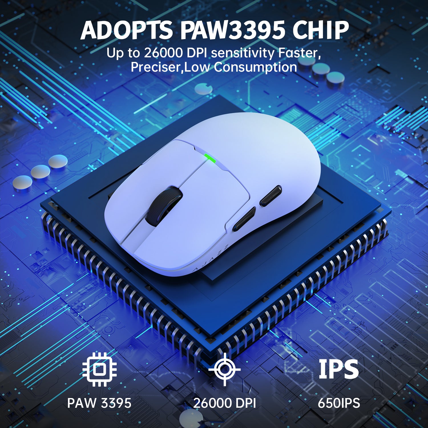 White gaming mouse with PAW3395 chip and 26000 DPI sensitivity on circuit board