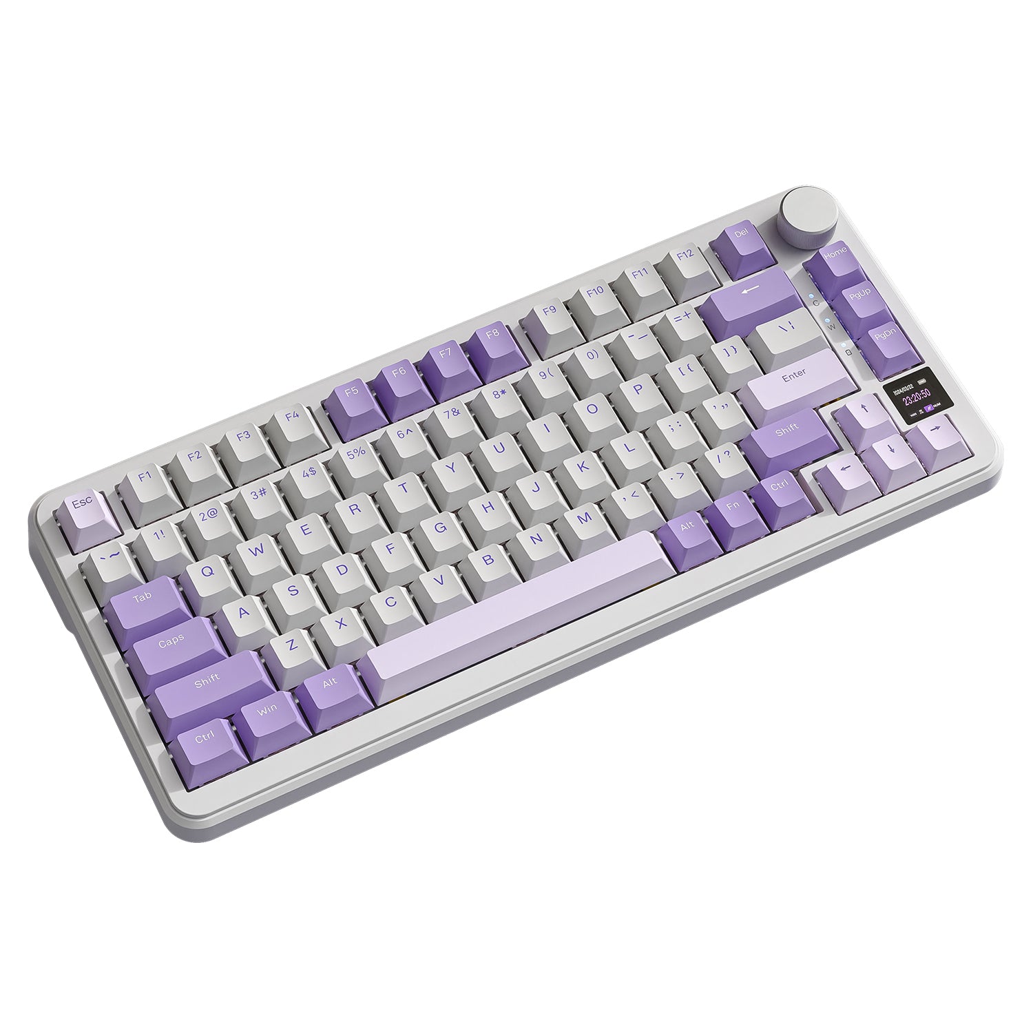 X85PRO mechanical keyboard with purple-white keycaps and smart display features