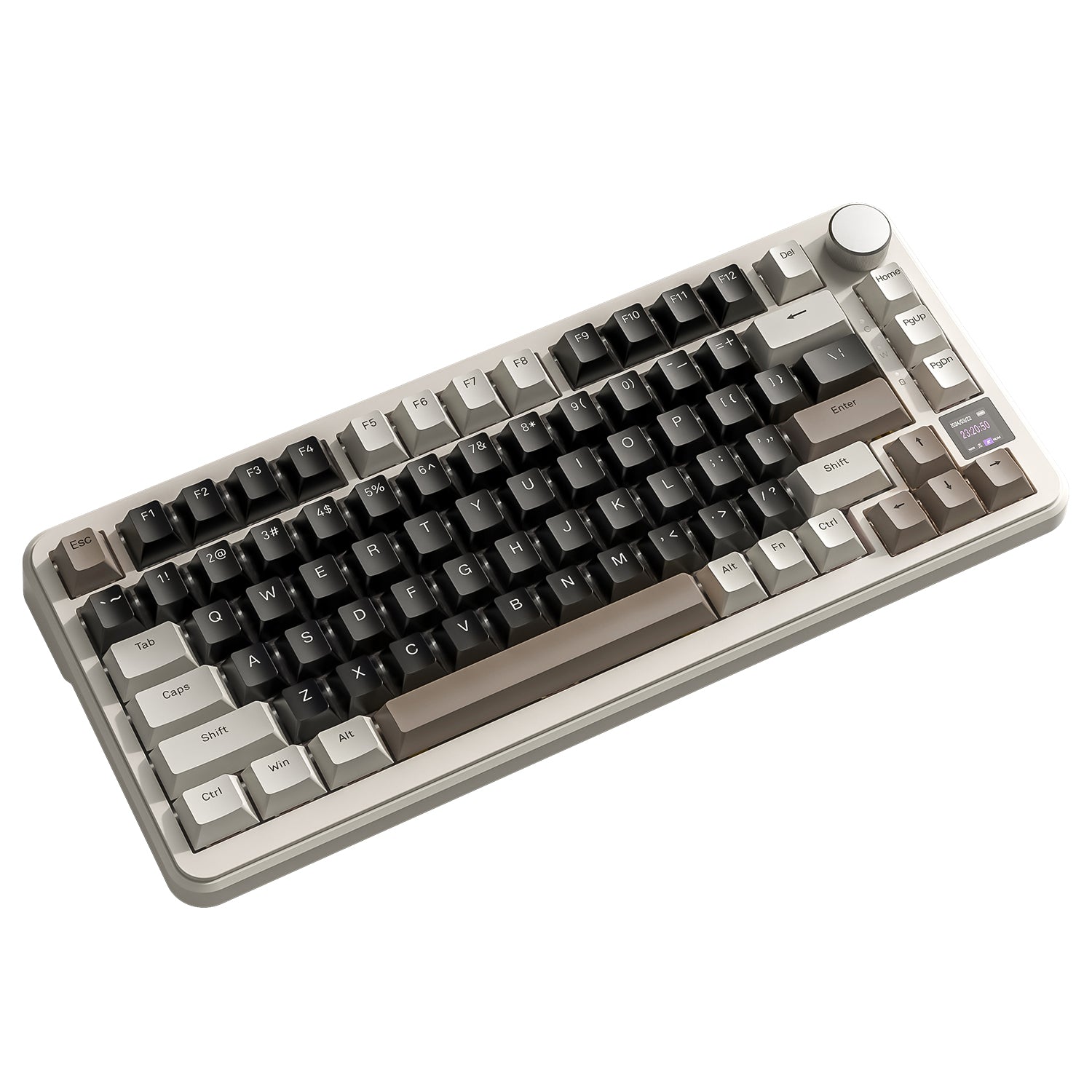 ATTACK SHARK X85PRO keyboard with beige-gray keycaps and multi-function knob.