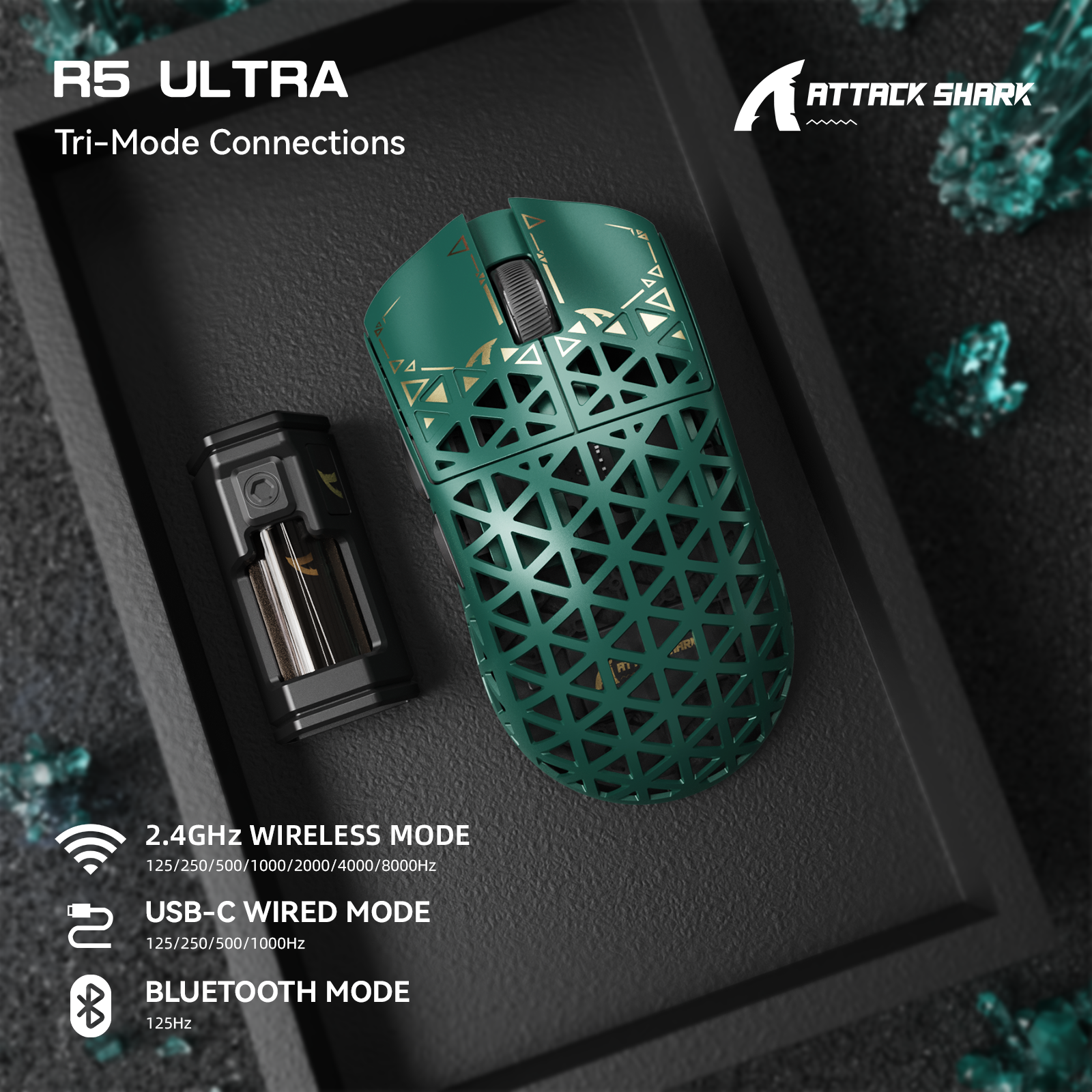 ATTACK SHARK R5 Ultra green wireless gaming mouse, tri-mode connections