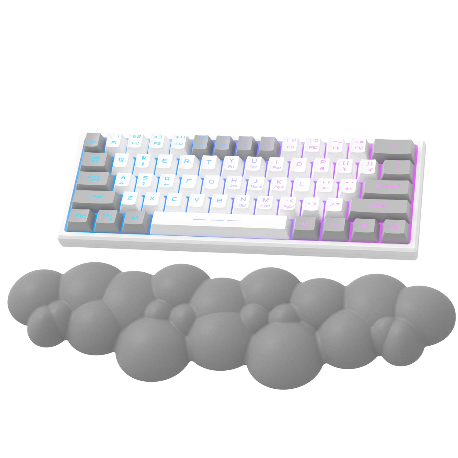 Cloud-shaped ergonomic wrist rest in gray with colorful RGB mechanical keyboard.