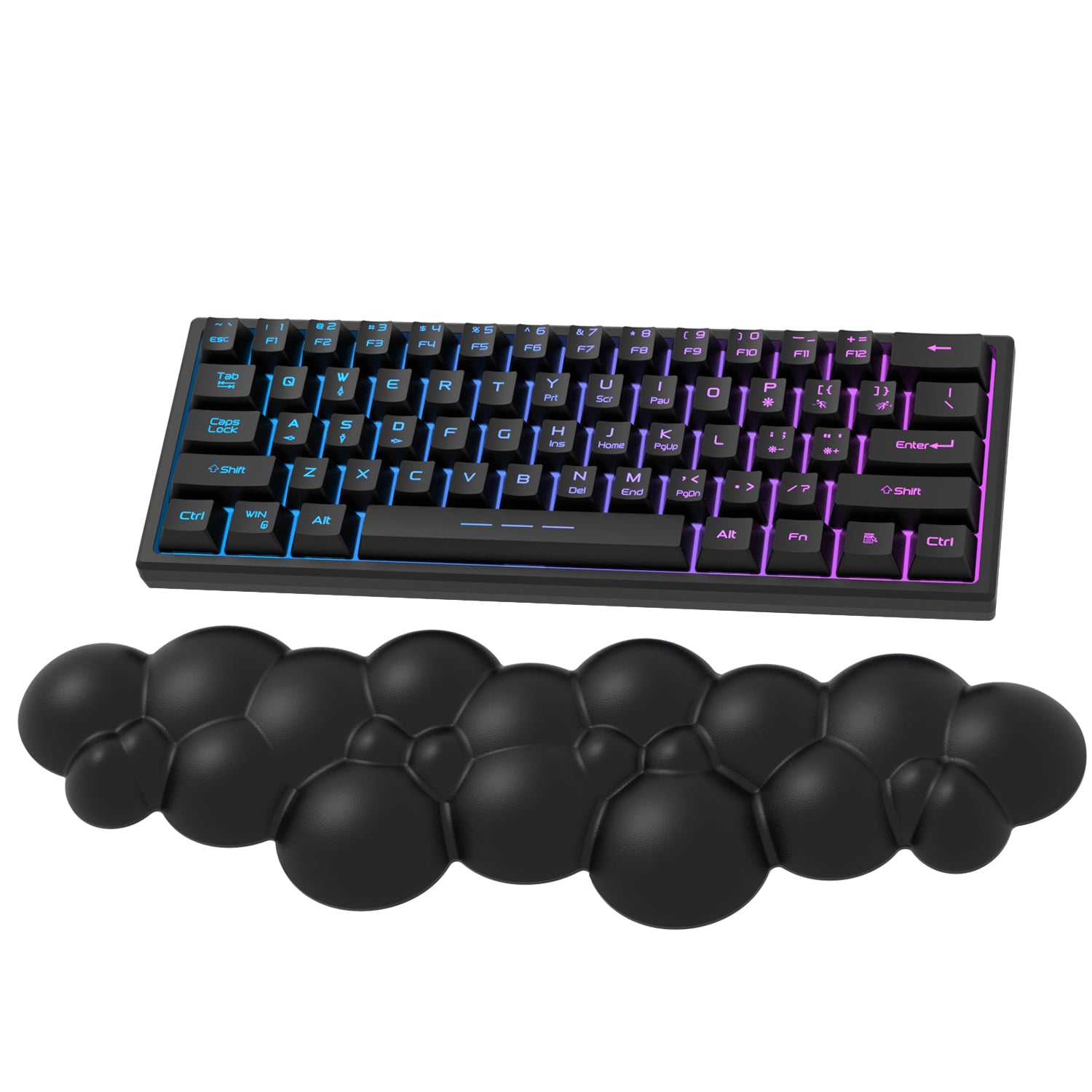 Black cloud-shaped ergonomic wrist rest with colorful RGB mechanical keyboard.