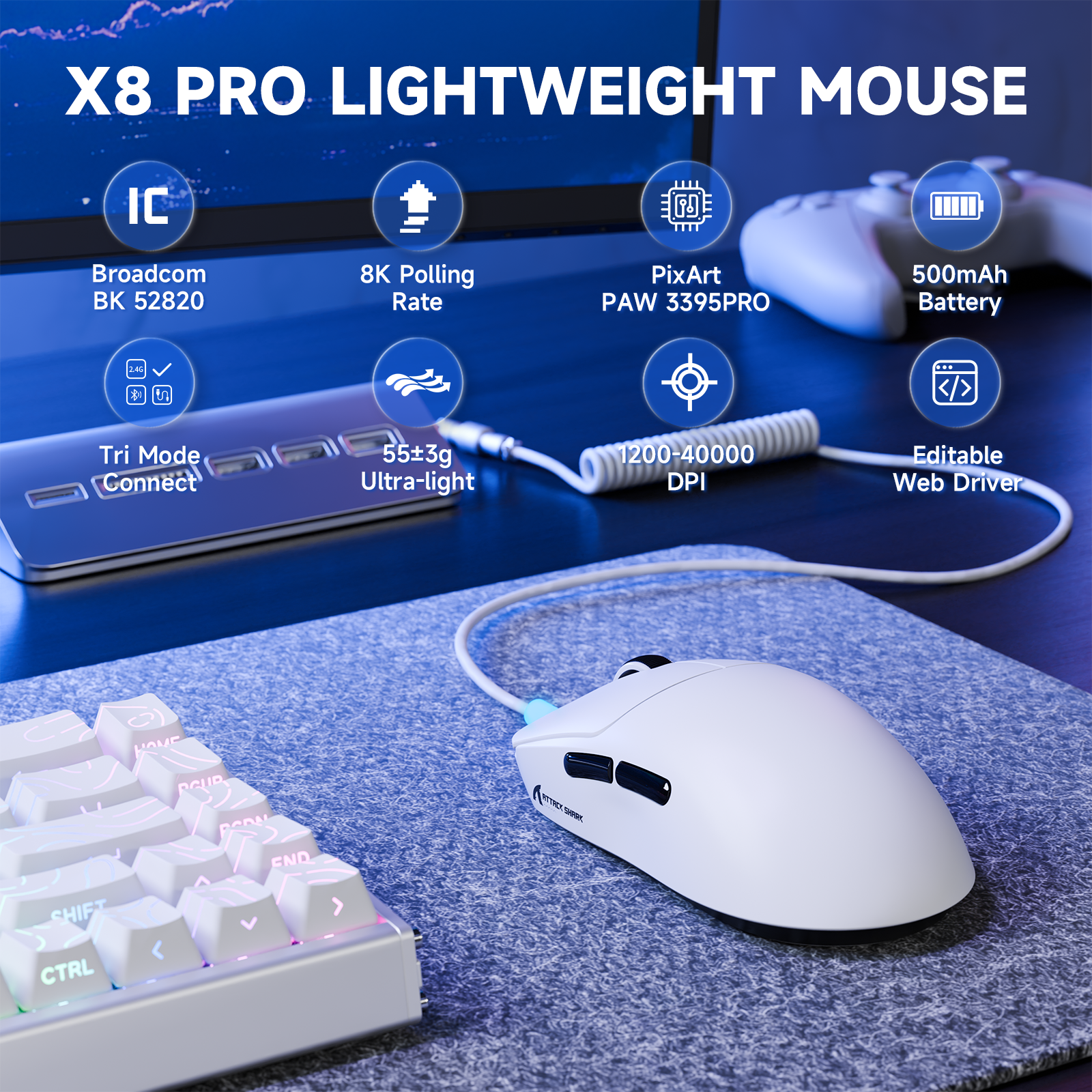 Ratón inalámbrico ultraligero para juegos ATTACK SHARK X8PRO y cable C06ULTRA