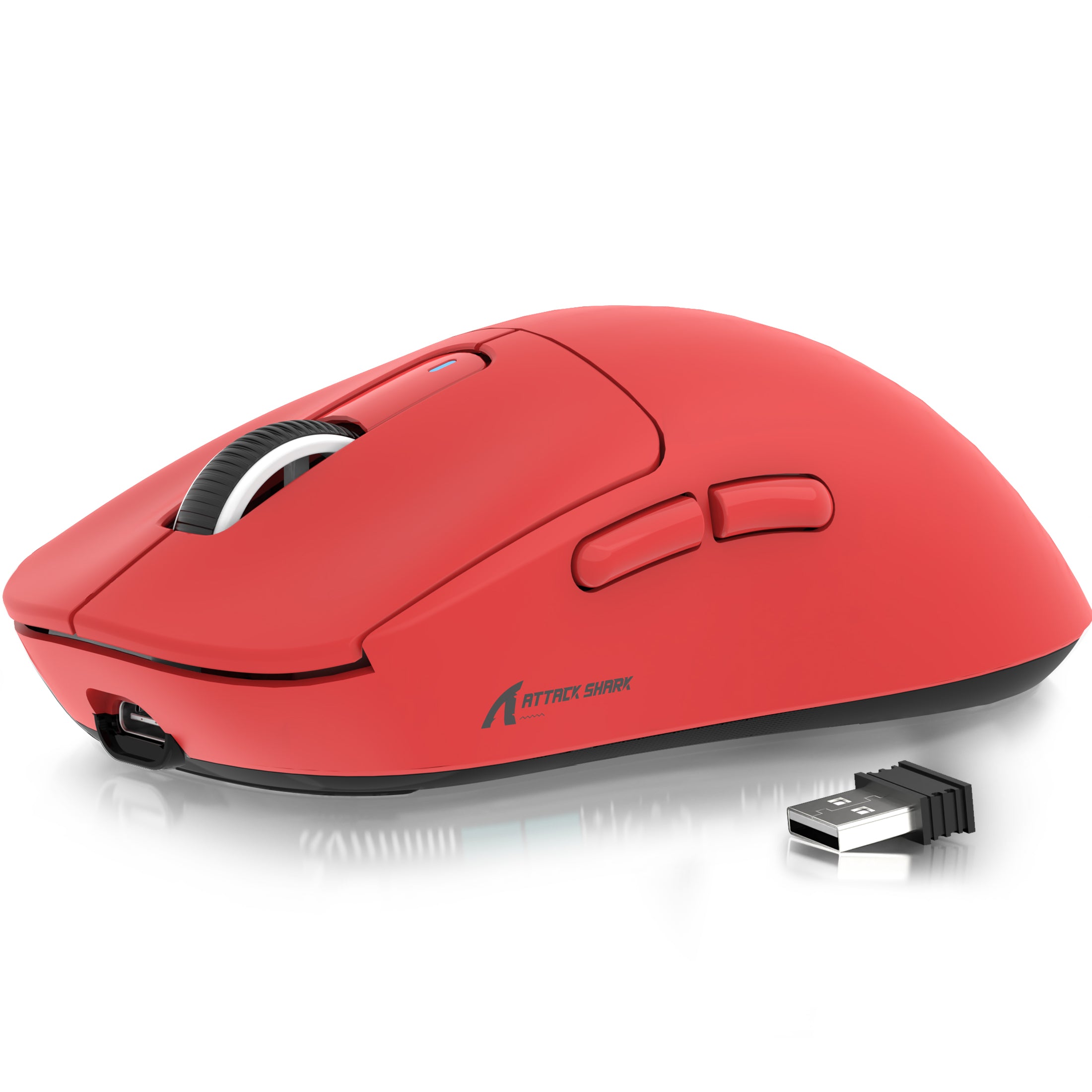 Red Attack Shark X3 wireless gaming mouse with USB receiver showcasing ergonomic design.