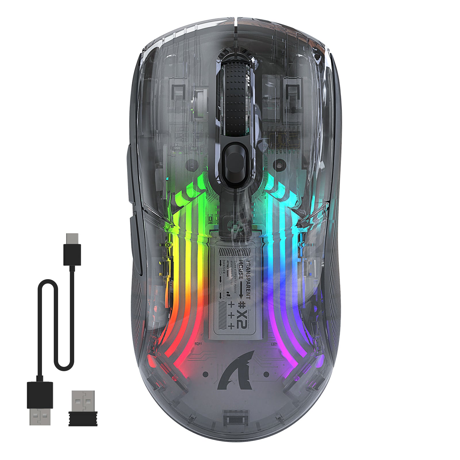 Attack Shark X2 wireless gaming mouse with RGB lighting and USB-C charging cable.