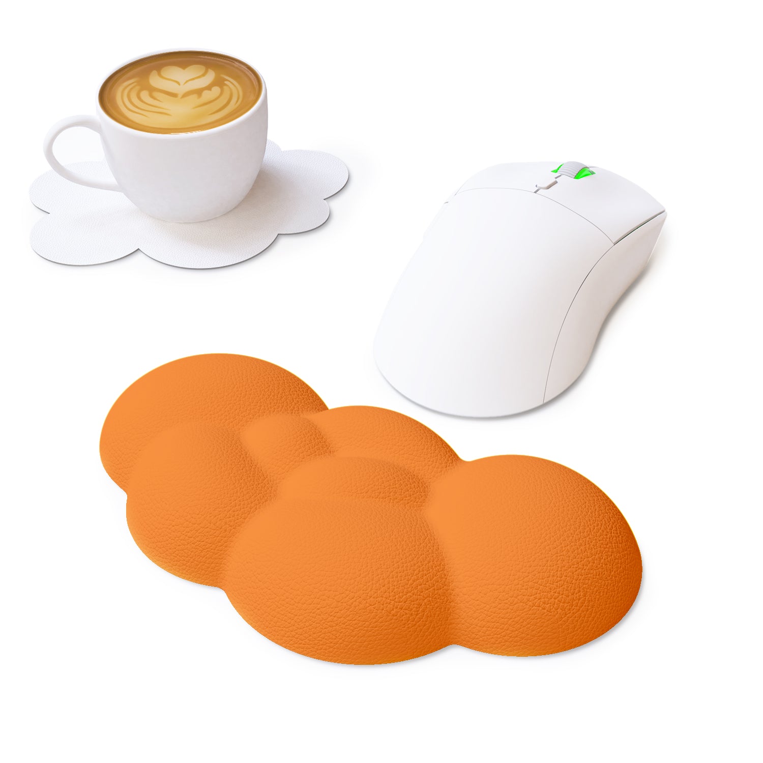 Orange cloud-shaped wrist rest, white gaming mouse, and coffee cup on cloud coaster.