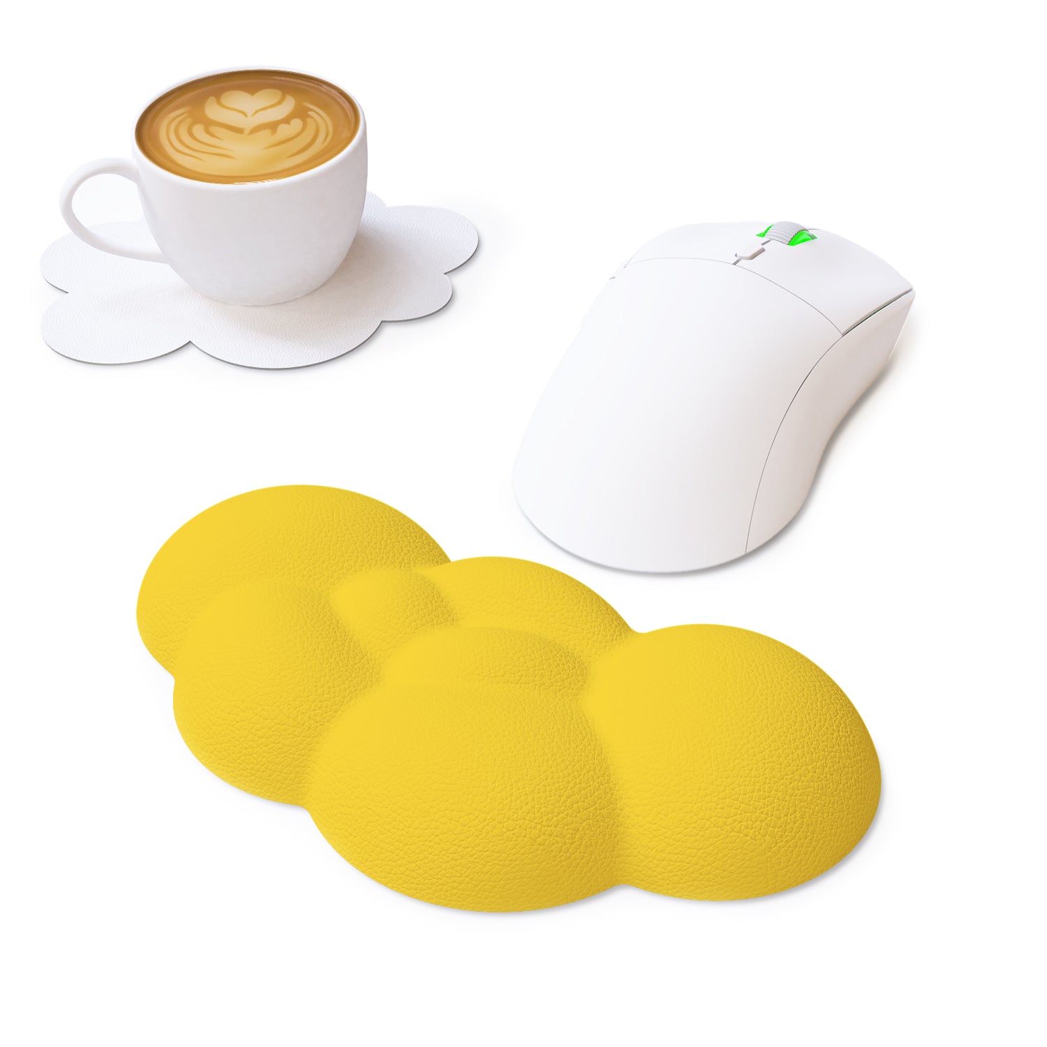 Yellow cloud-shaped wrist rest with white gaming mouse and coaster beside coffee cup.