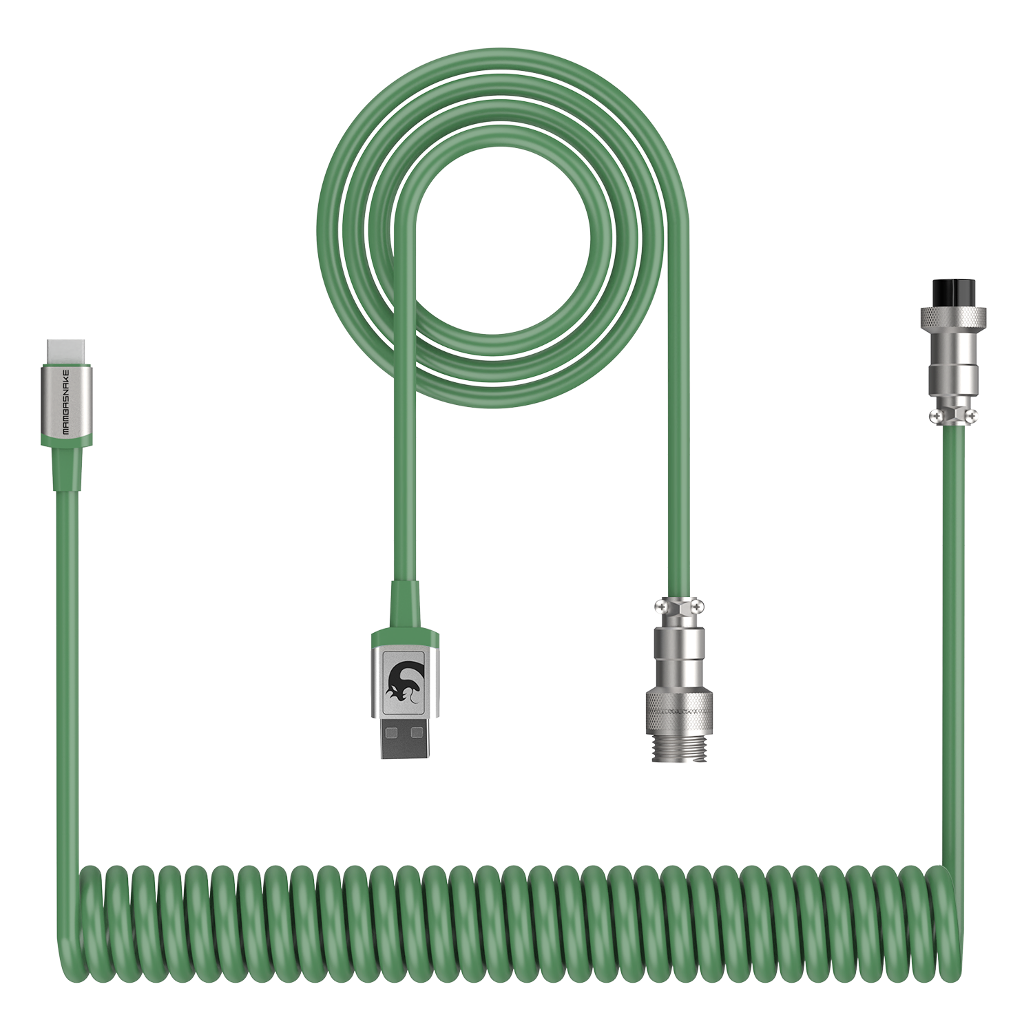 Green coiled USB-C keyboard cable with detachable metal aviator connector and USB-A end.