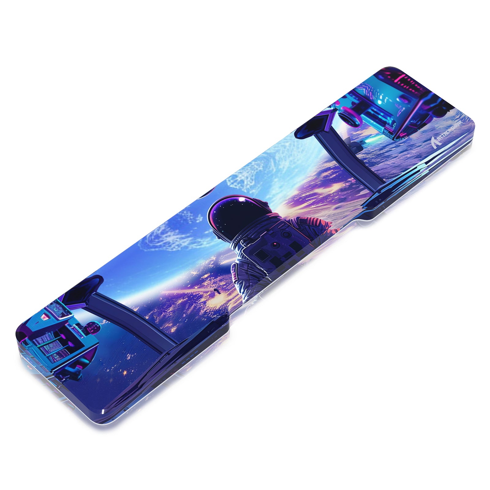 Astronaut-themed acrylic wrist rest for keyboards with vibrant space design.