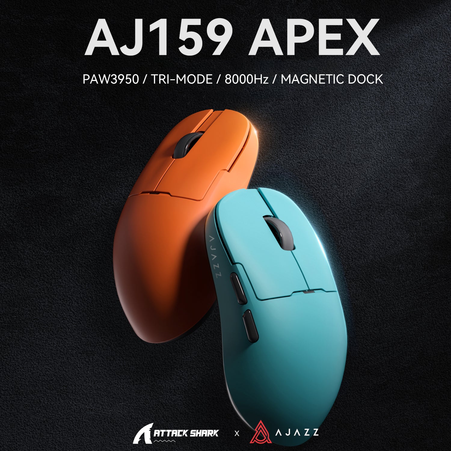 Orange and teal AJ159 APEX gaming mice highlighting PAW3950 sensor and tri-mode features.