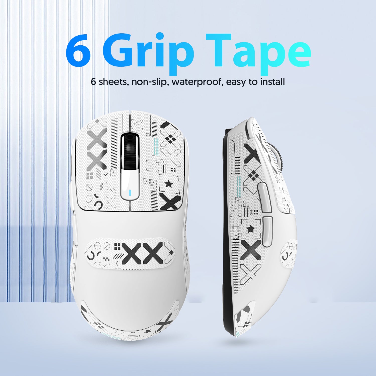 Gaming mouse with geometric grip tape package, includes six non-slip sheets.