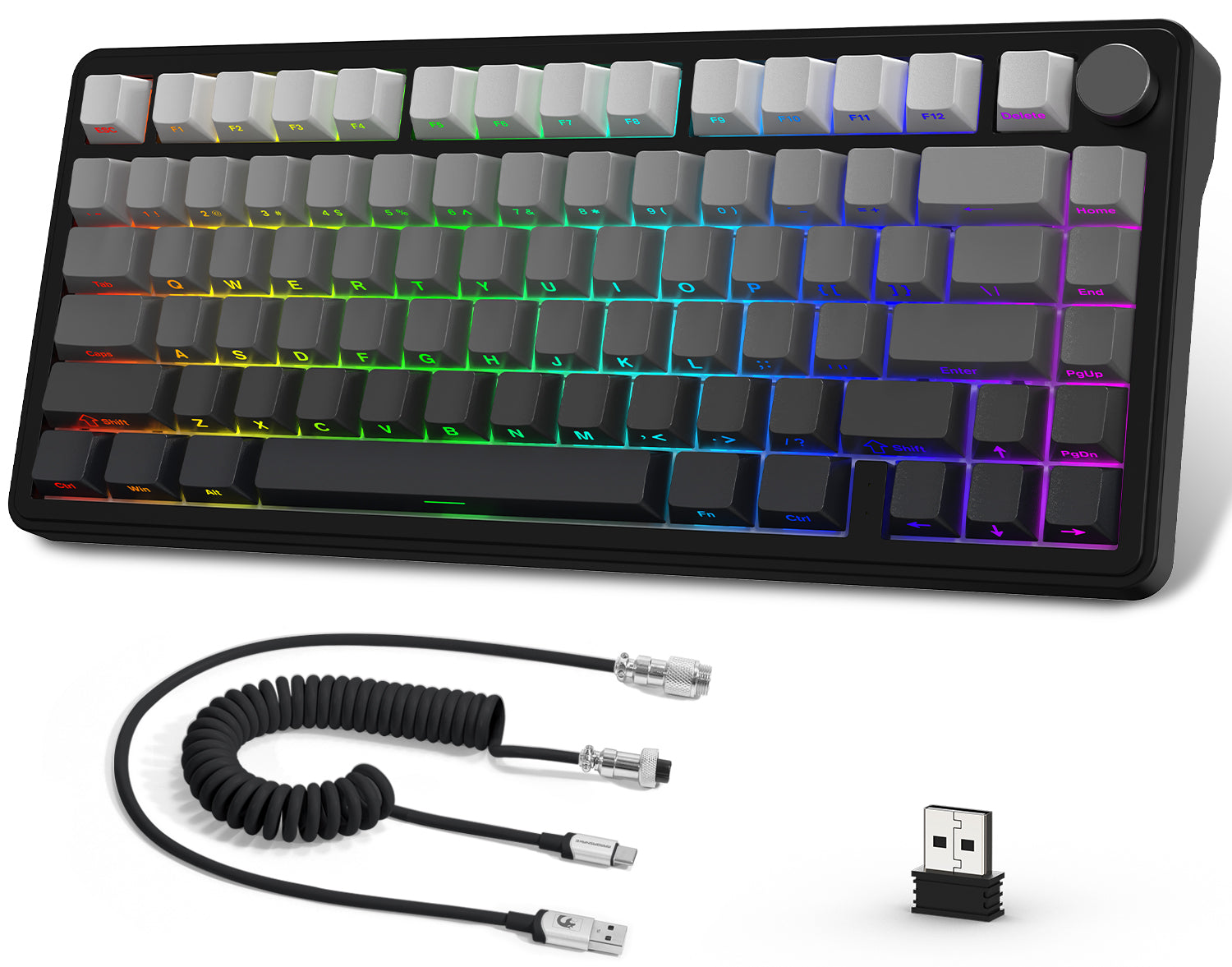 Attack Shark X85 keyboard with RGB gradient keycaps and USB dongle