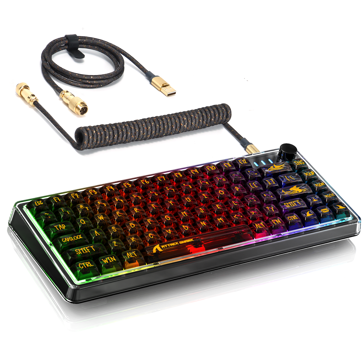 Attack Shark K75 mechanical keyboard with colorful RGB lighting and coiled USB cable