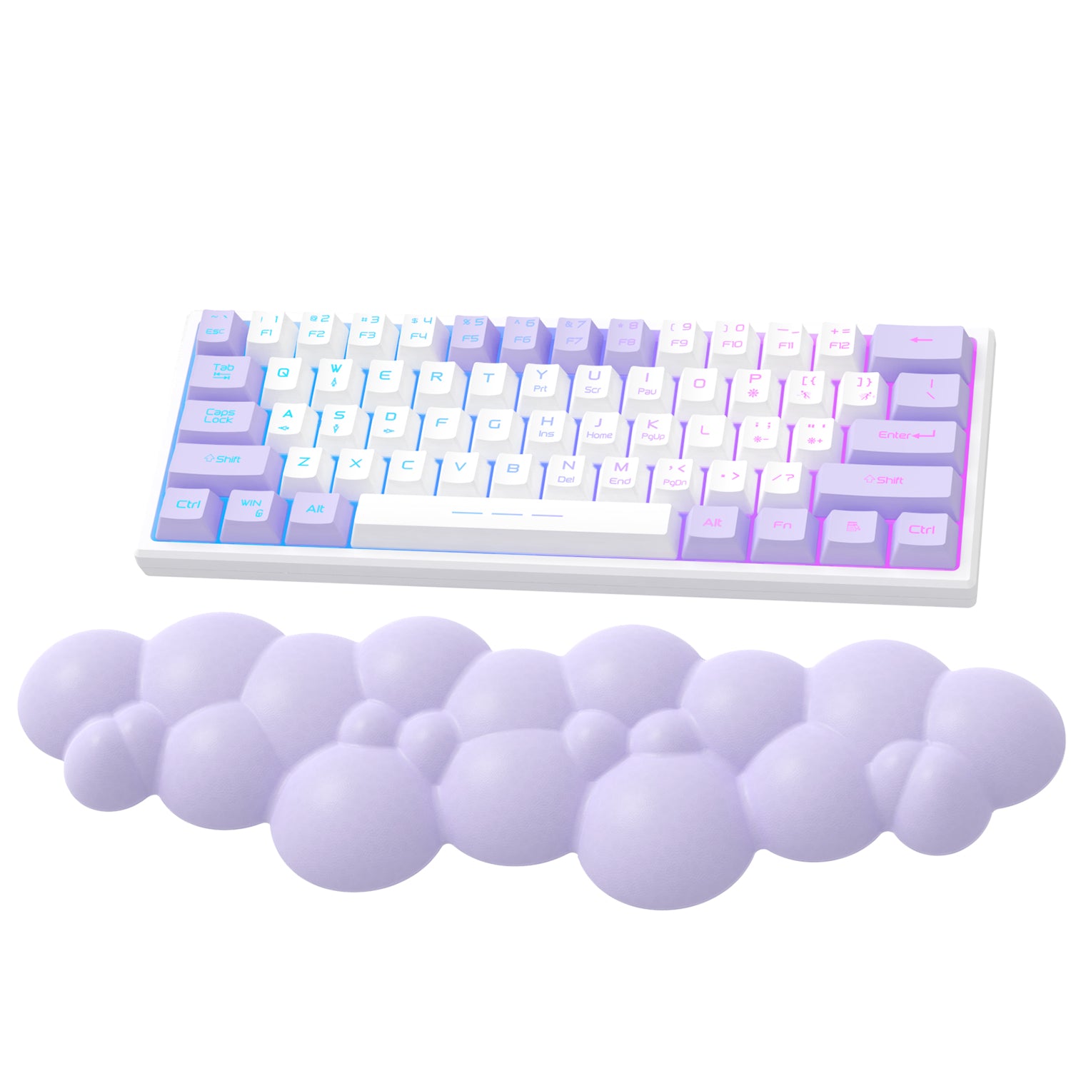 Pastel purple cloud-shaped wrist rest with white and lavender keycaps mechanical keyboard.