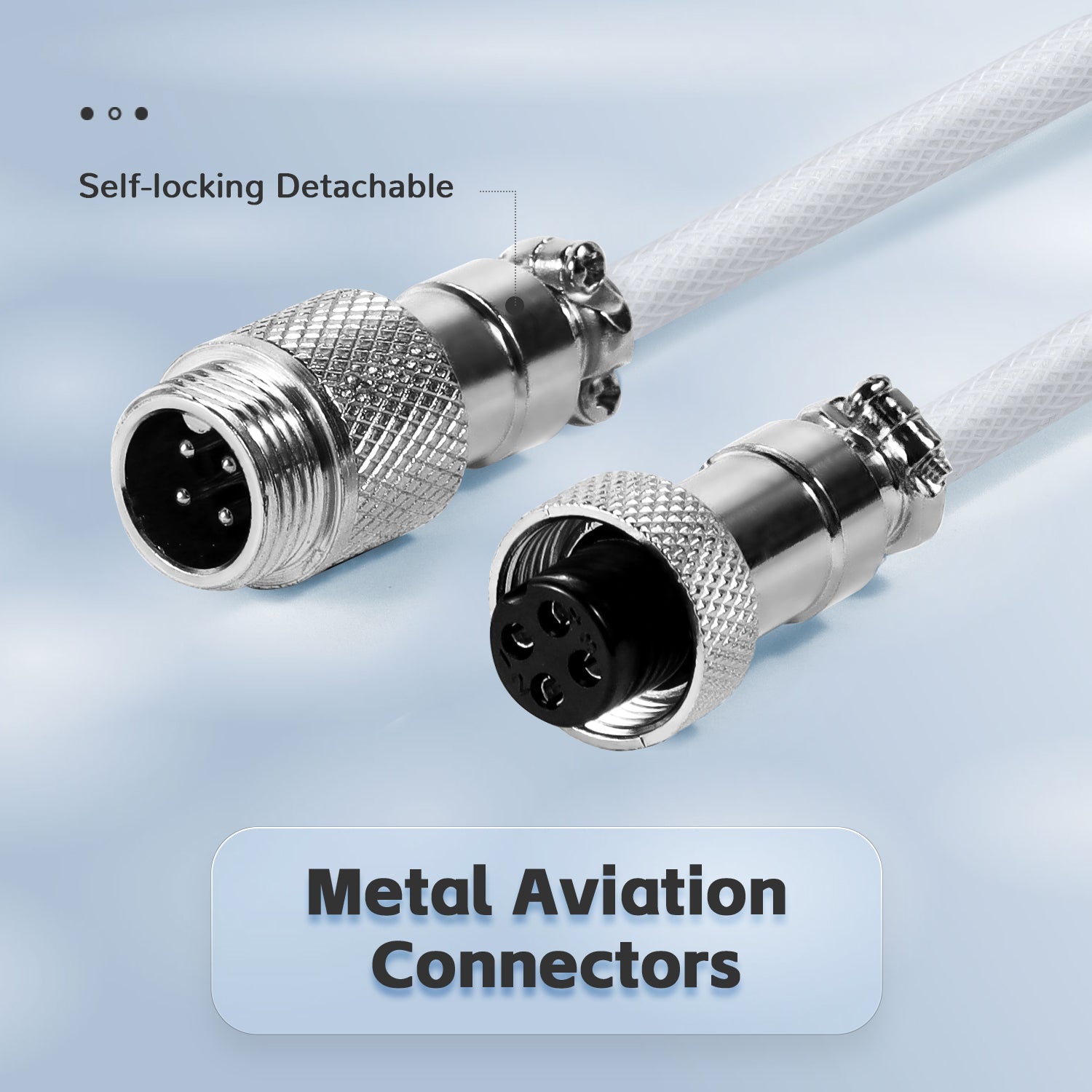 Metal aviation connectors for USB-C keyboard cable, highlighting self-locking design.