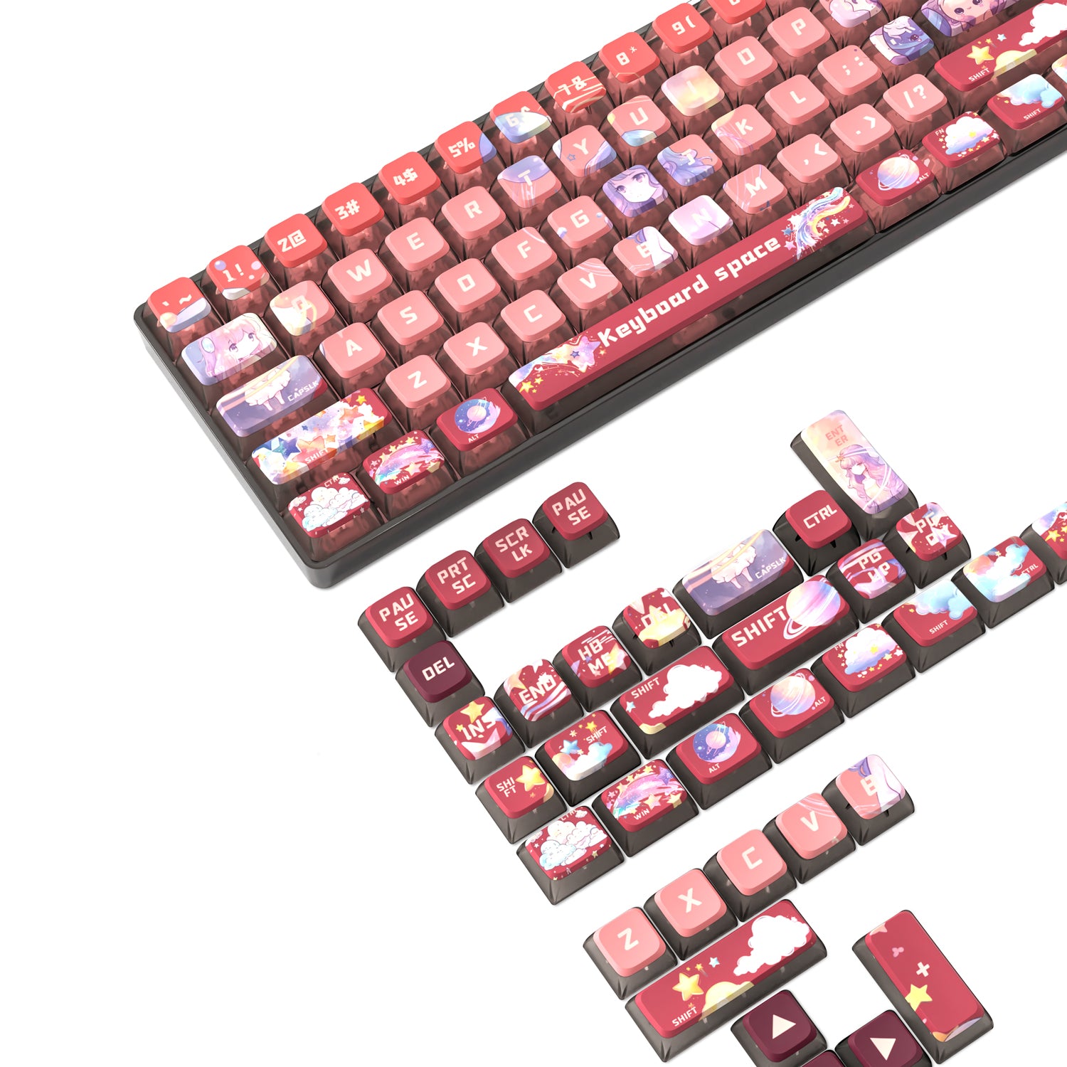 Vibrant pink mechanical keyboard with galaxy-themed keycaps featuring stars and clouds.