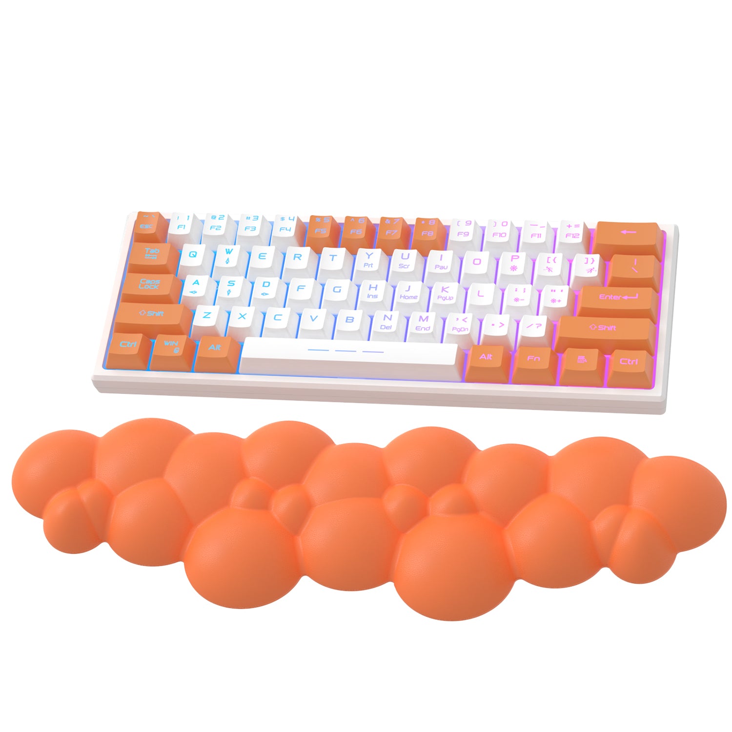 Orange cloud-shaped wrist rest paired with a colorful mechanical keyboard.