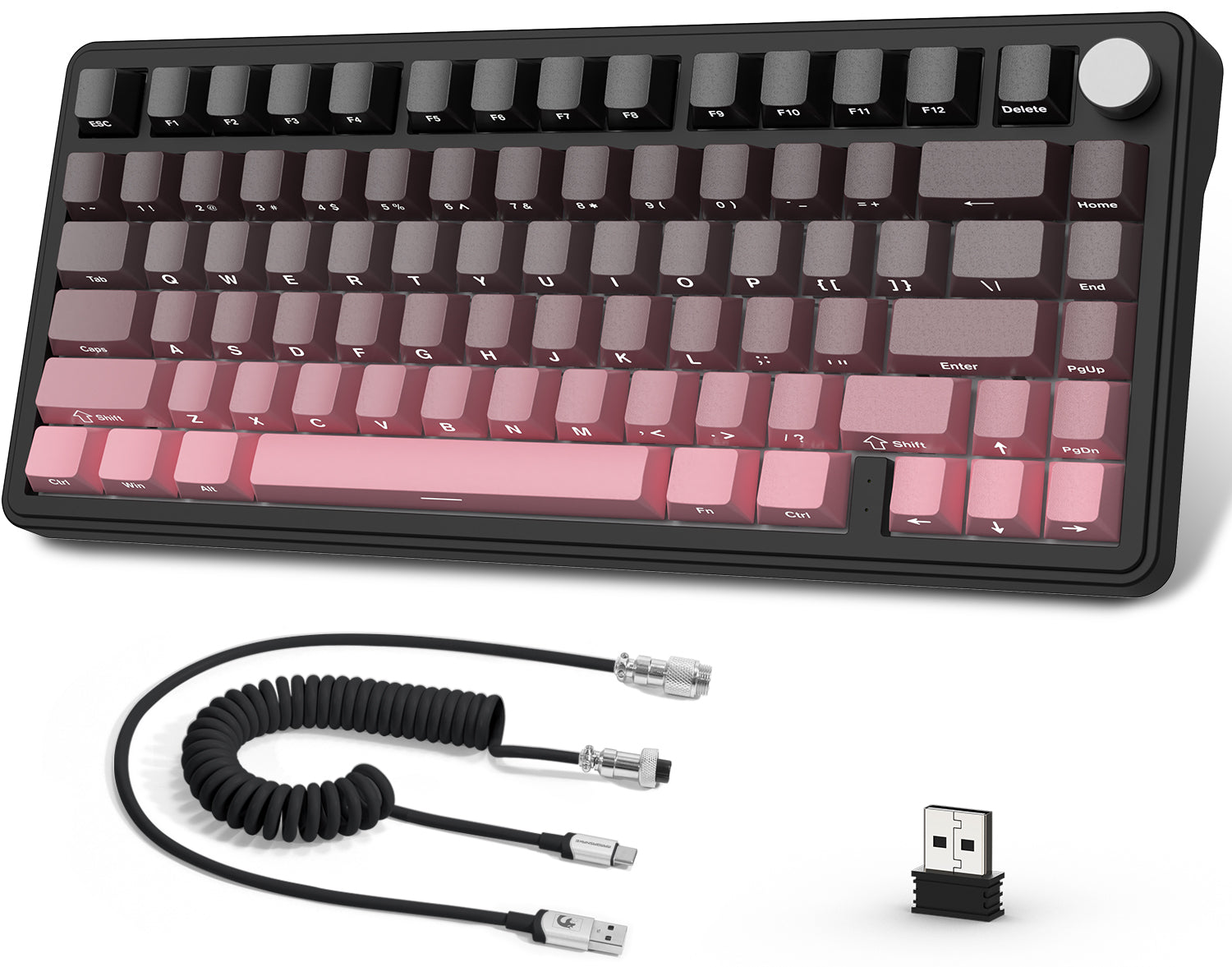 Attack Shark X85 keyboard with gradient pink and purple keycaps, USB-C cable, and dongle.