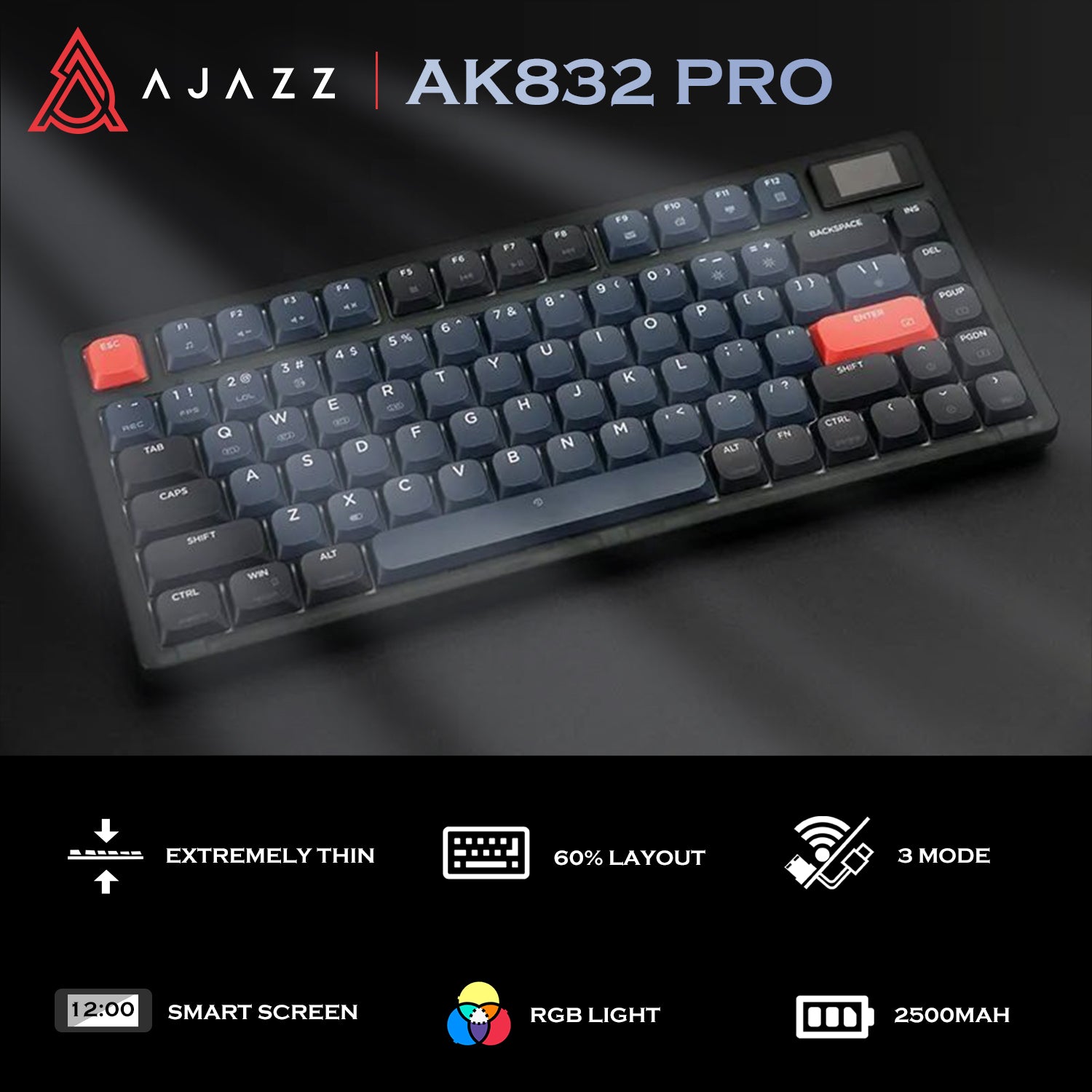 Ajazz AK832PRO ultra-thin mechanical keyboard with smart screen and RGB lighting features