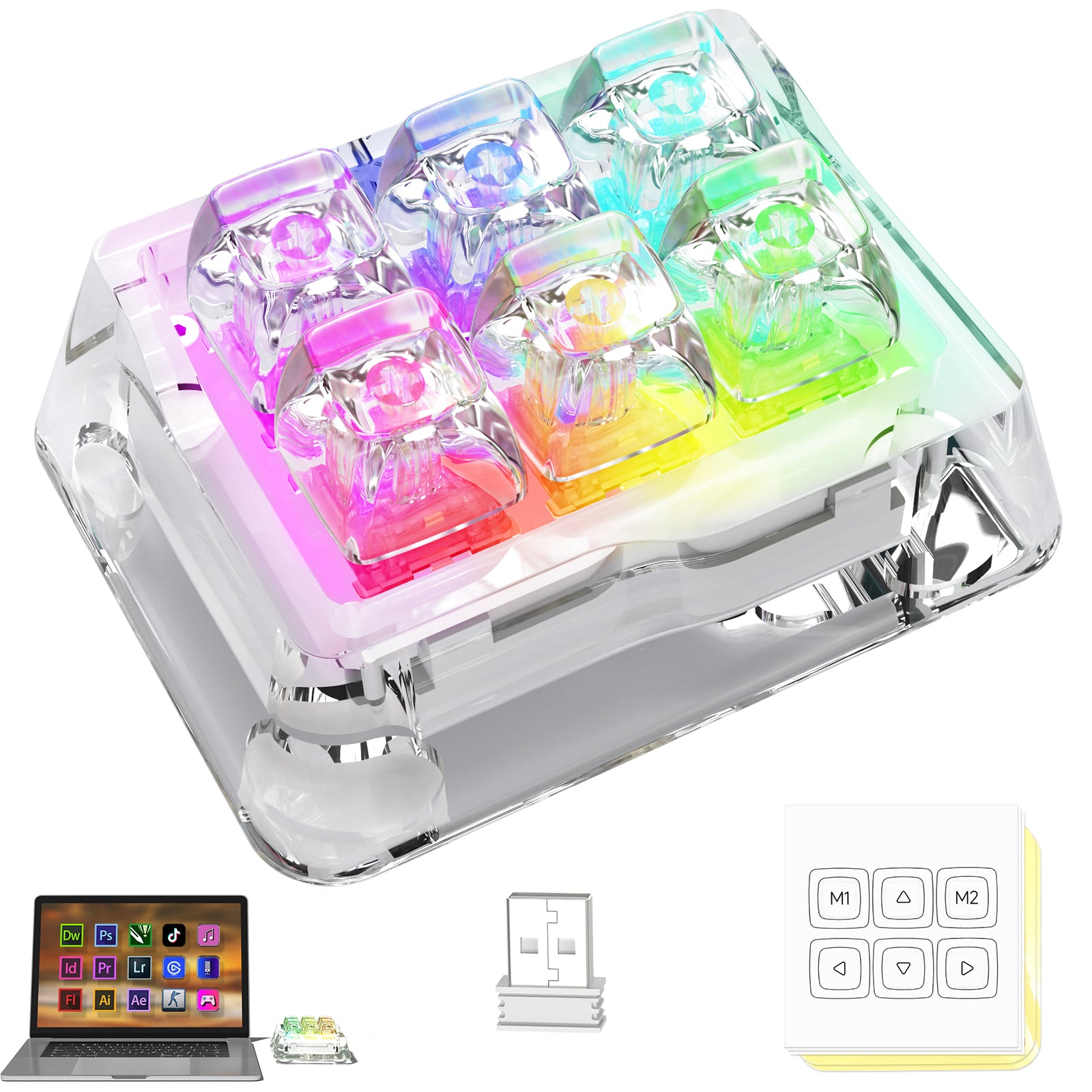 Transparent acrylic keyboard with rainbow RGB keys and customizable layout