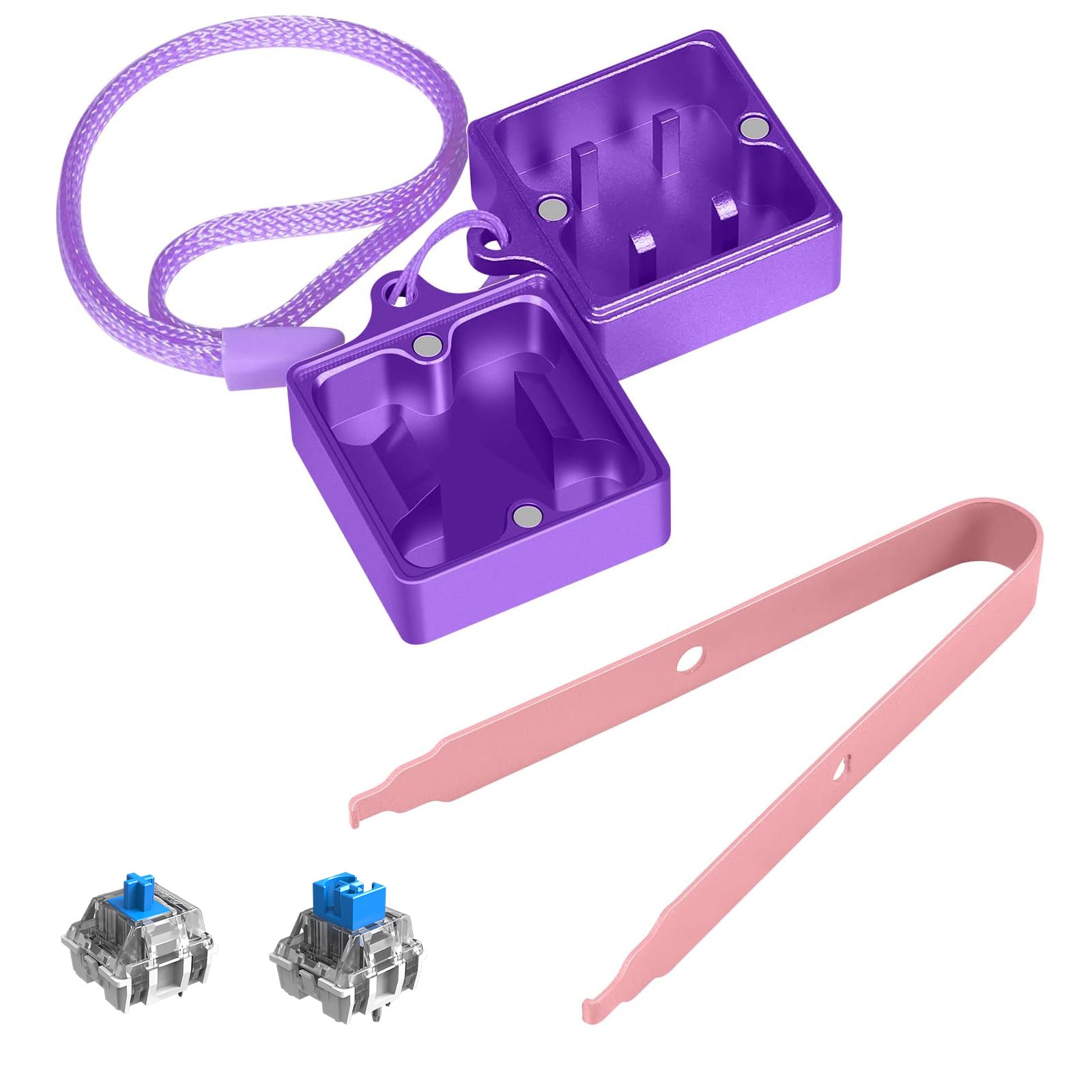 Purple aluminum switch opener kit with pink switch puller and two mechanical switches.